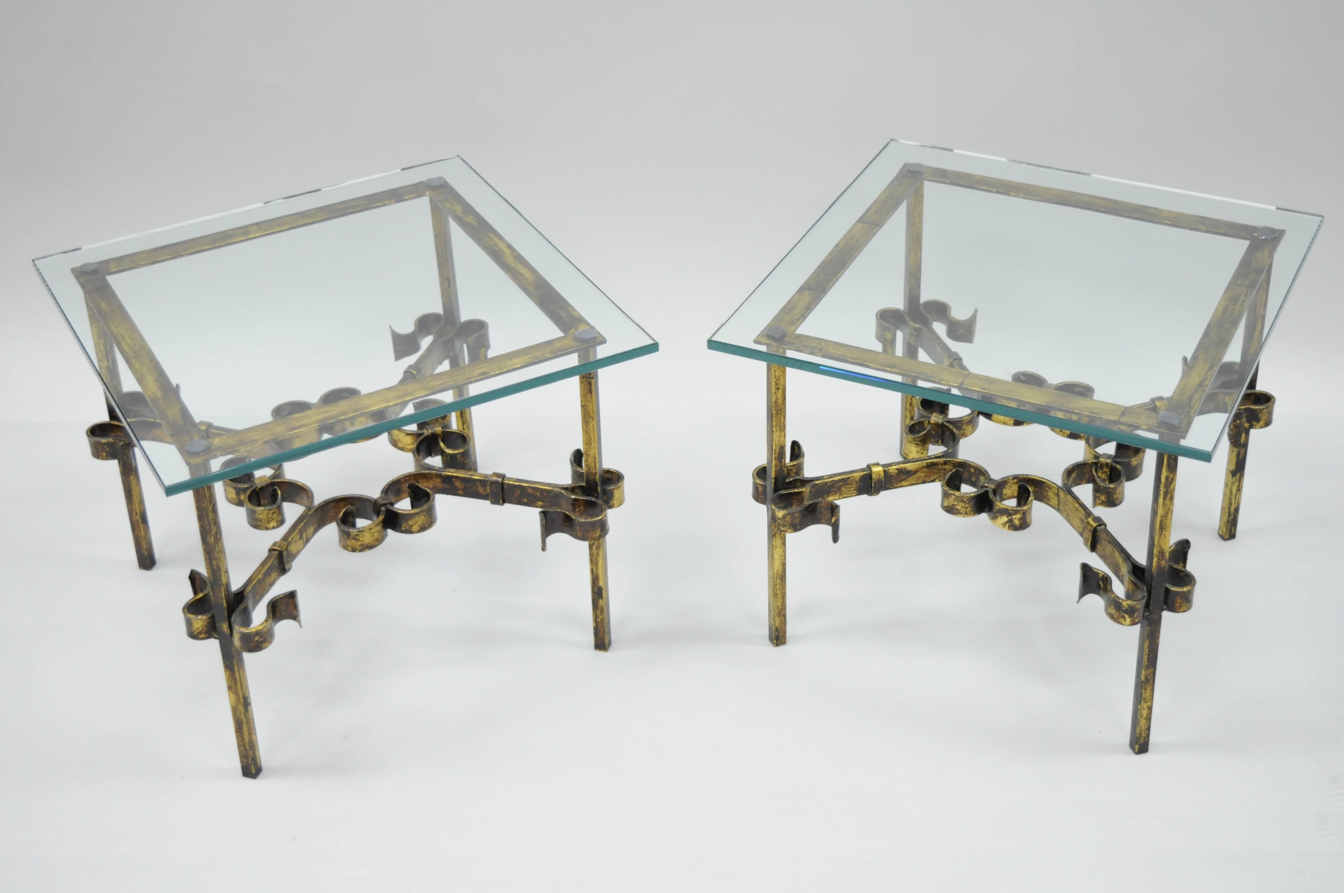 Pair Hollywood Regency Gold Gilt Iron Square Glass Top Brutalist Low End Tables For Sale 2