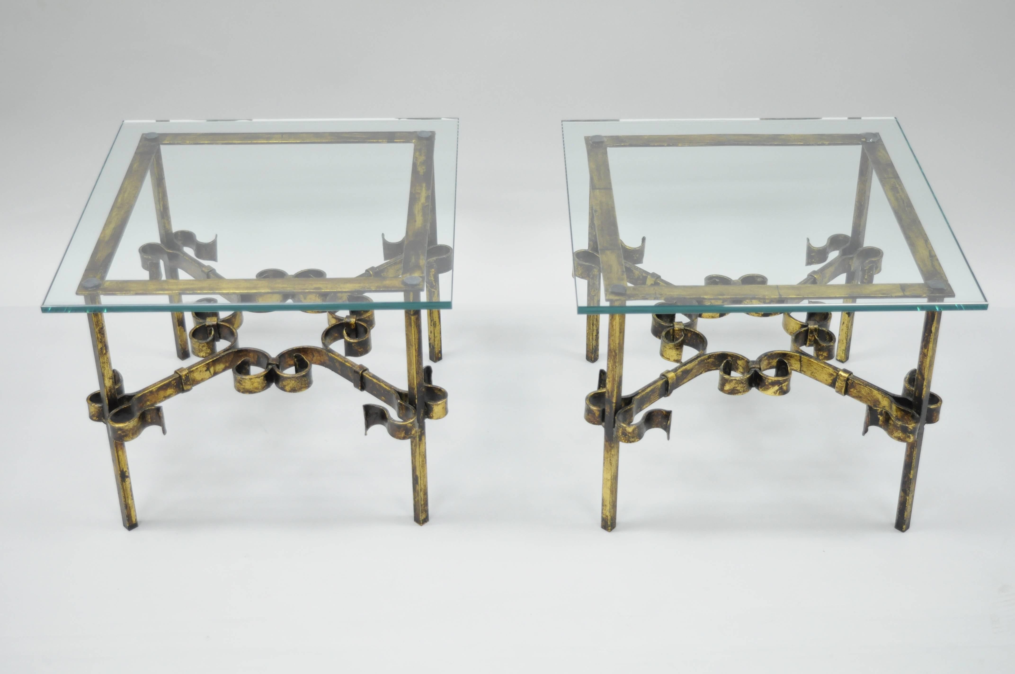 Pair Hollywood Regency Gold Gilt Iron Square Glass Top Brutalist Low End Tables For Sale 3