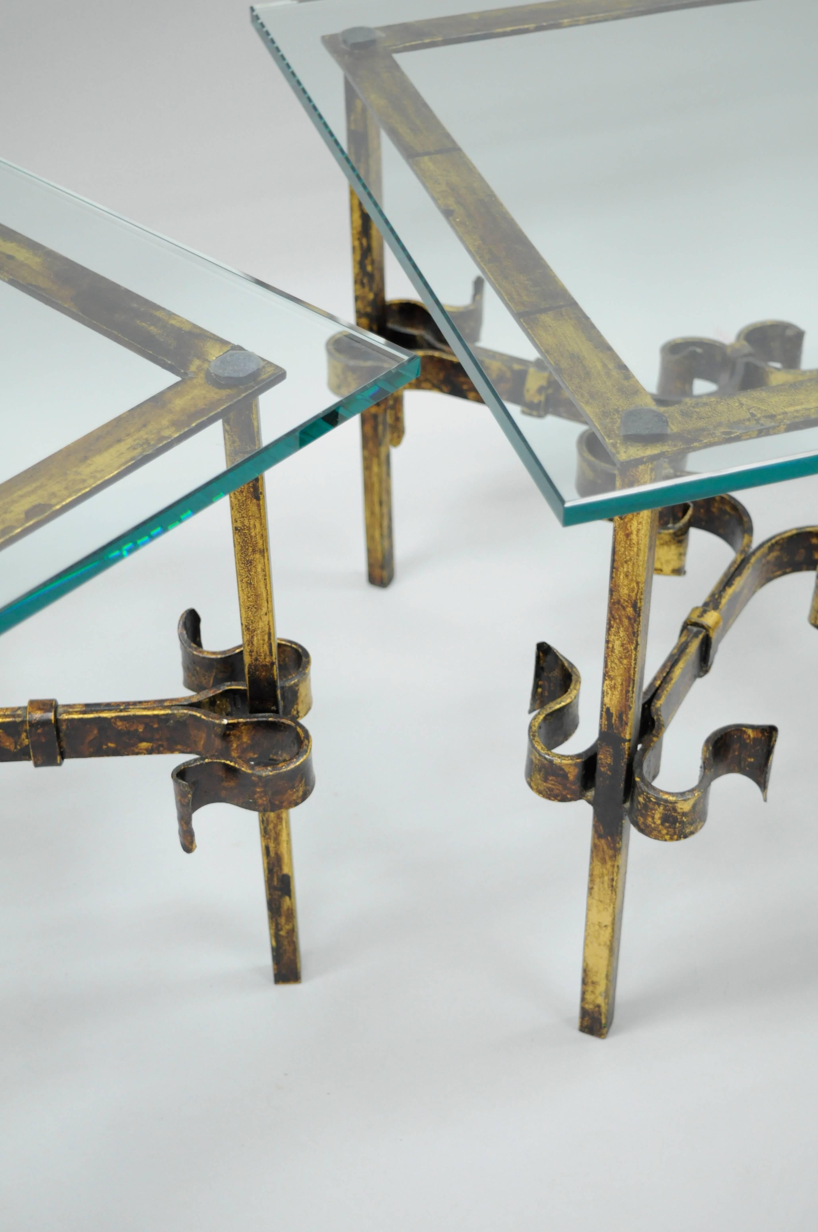 Mid-20th Century Pair Hollywood Regency Gold Gilt Iron Square Glass Top Brutalist Low End Tables For Sale