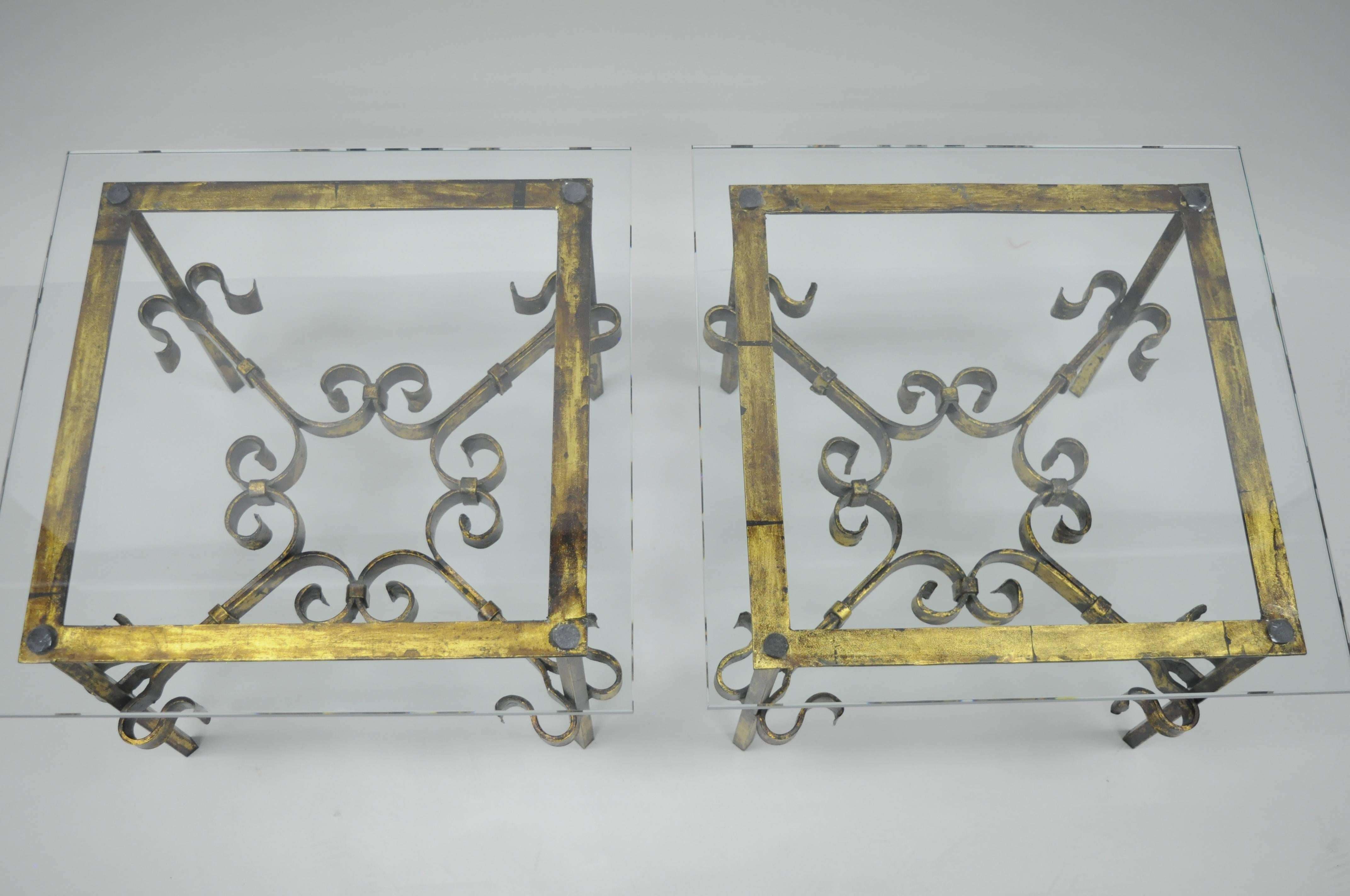 Pair Hollywood Regency Gold Gilt Iron Square Glass Top Brutalist Low End Tables For Sale 1