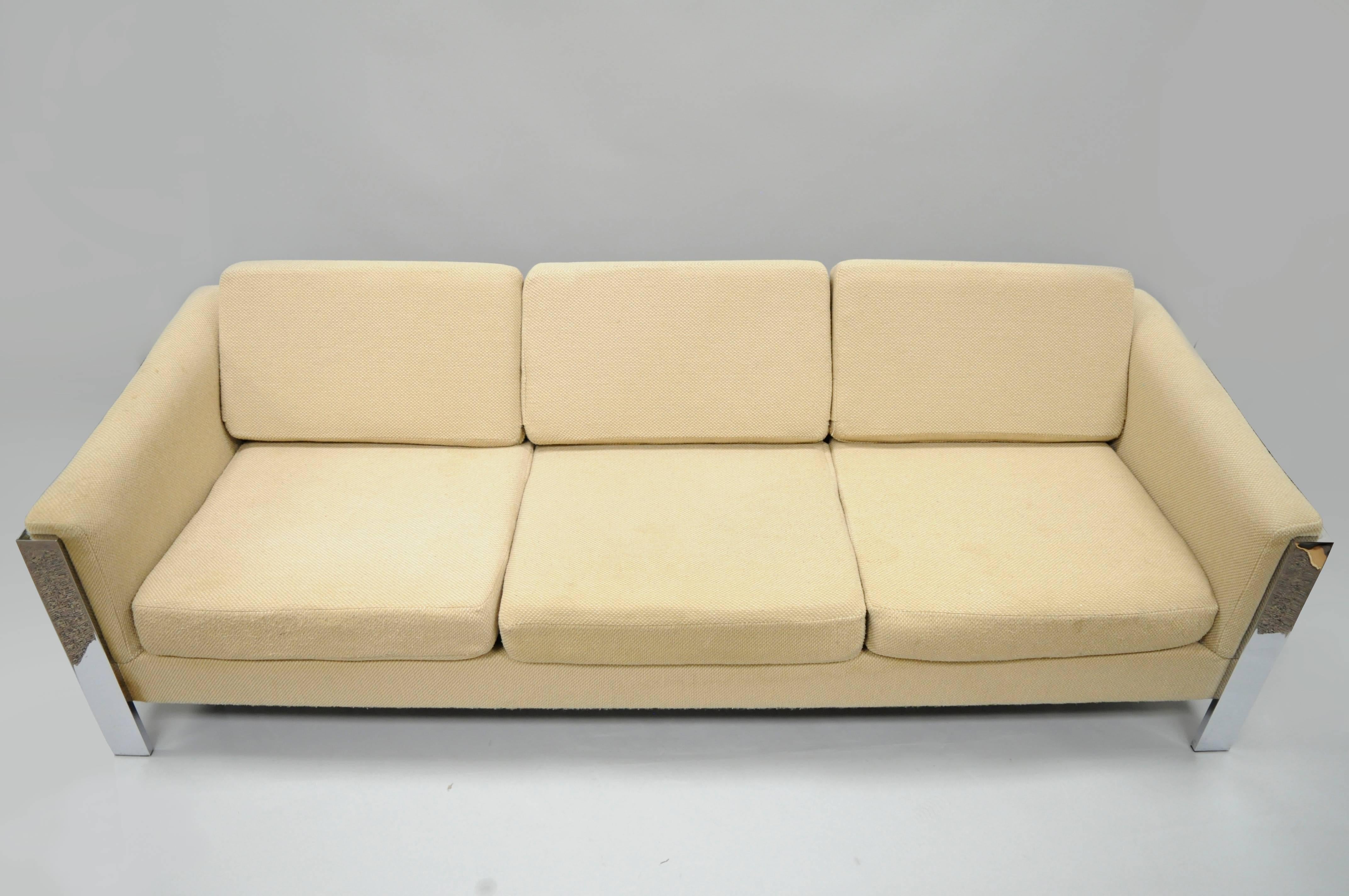 Upholstery Mid Century Modern Milo Baughman Thayer Coggin Flat Bar Polished Chrome Sofa