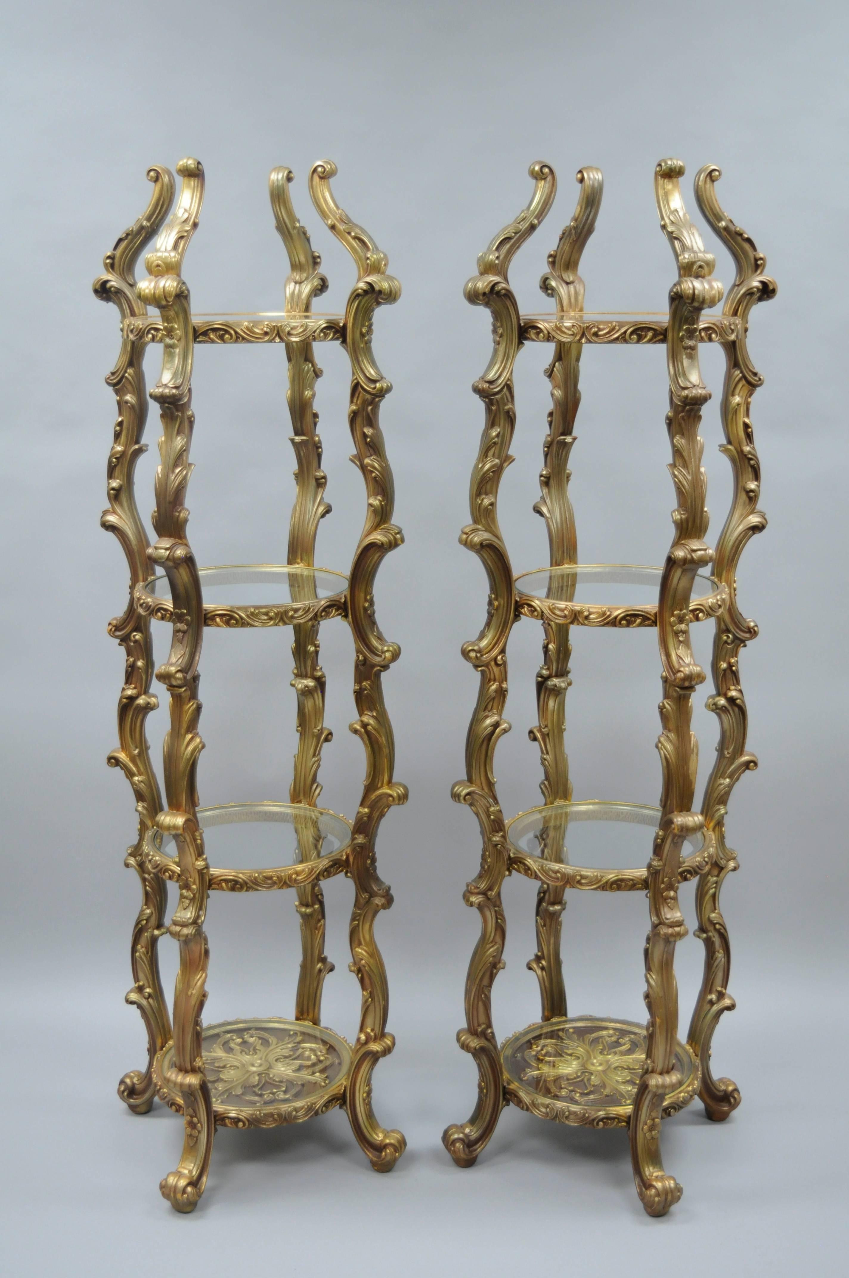 Pair Gold Hollywood Regency Syroco French Rococo Etagere Curio Display Stands 2