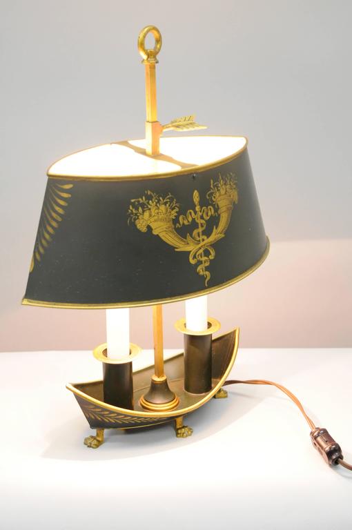 Antique French Empire Green Gold Boat Ship Bouillotte Tole Metal