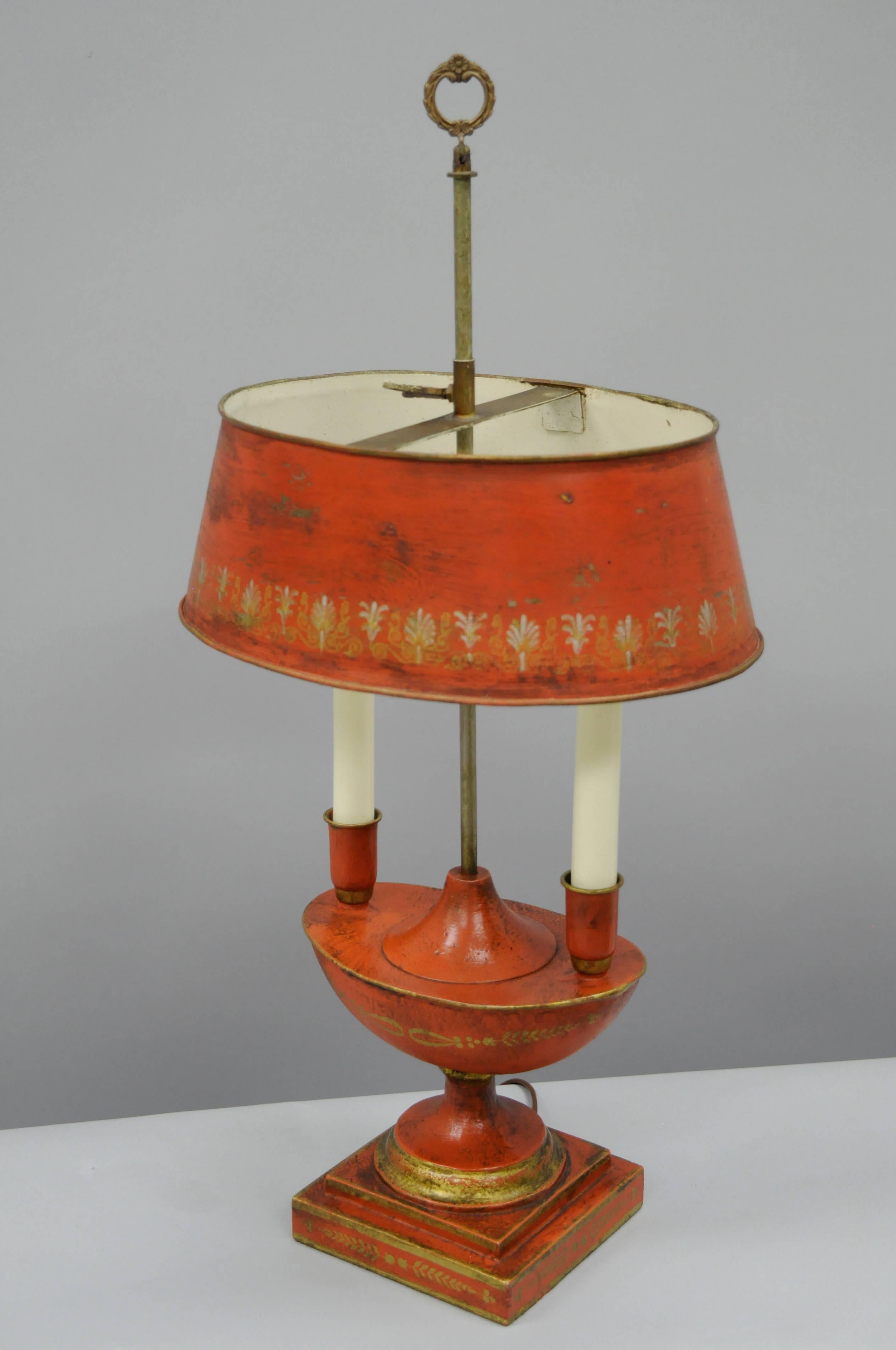Antique French Empire style tole metal small bouillotte desk lamp with rare distress painted orange and gold finish and 