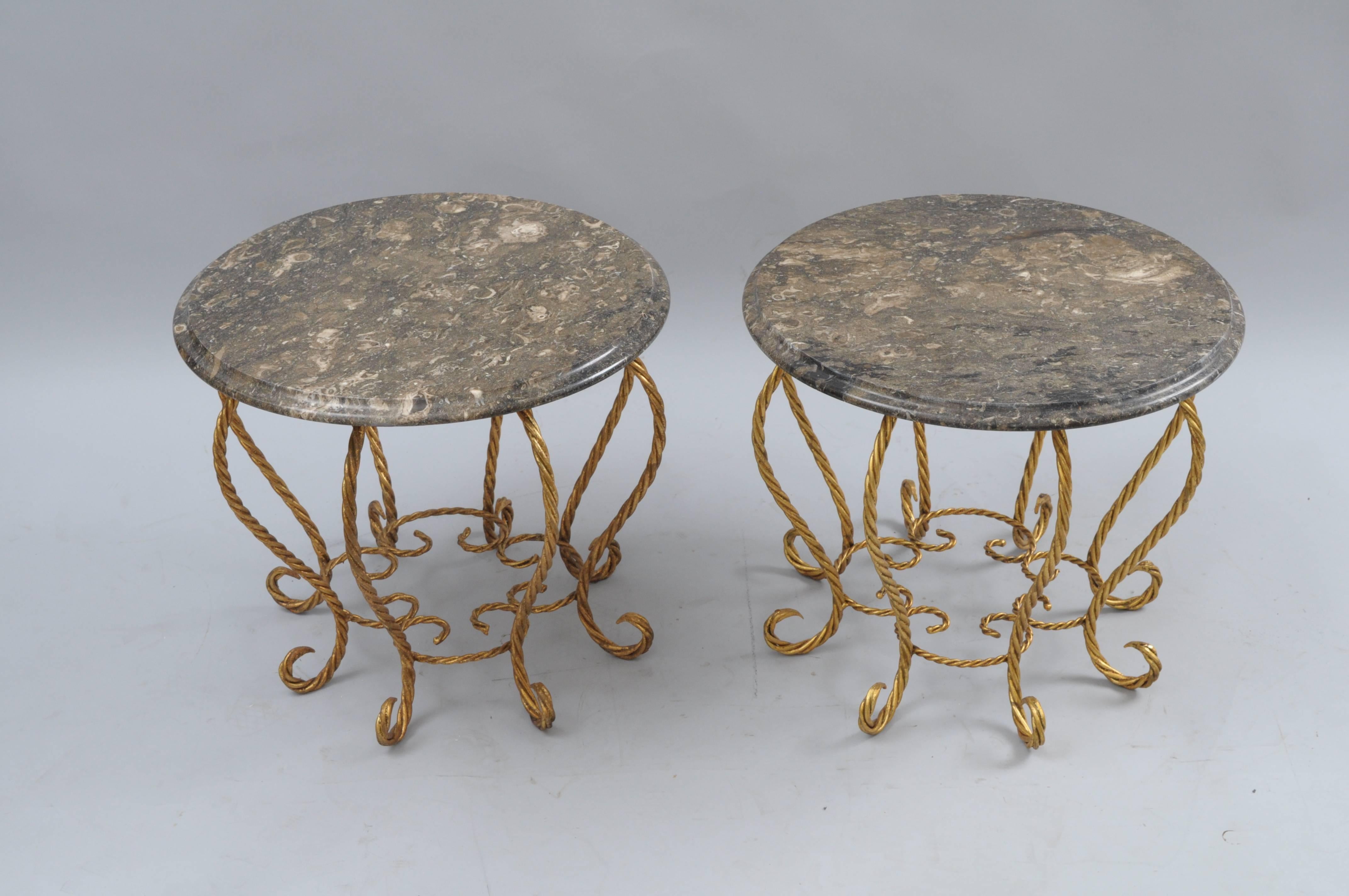 Pair Italian Hollywood Regency Gold Gilt Iron Rope Round Marble Top Low Tables For Sale 5