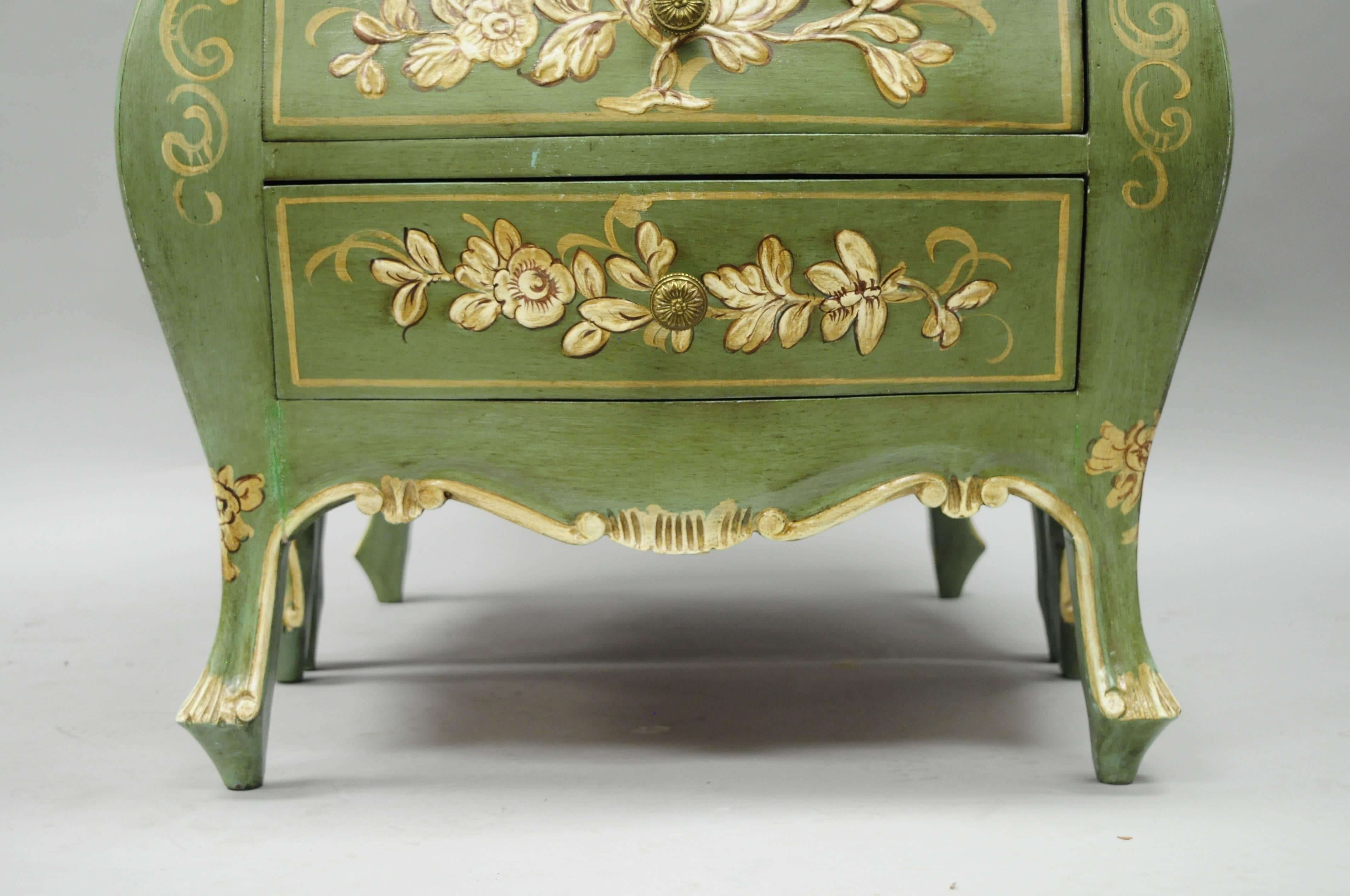 Pair of Small Italian Florentine Green Painted Bombe Commodes Chests Nightstands 1