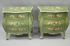 Pair of Small Italian Florentine Green Painted Bombe Commodes Chests Nightstands