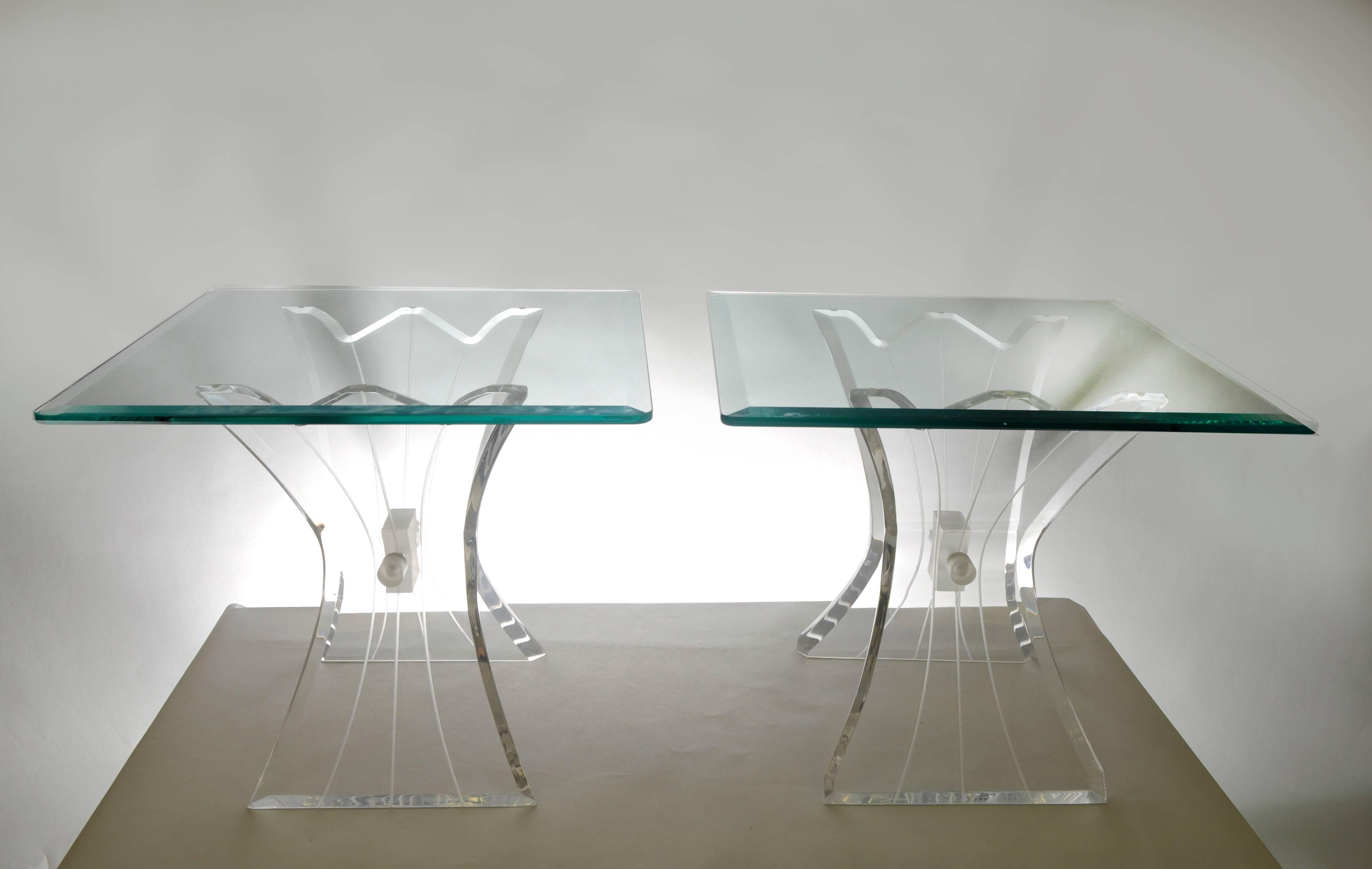 American Pair of Mid Century Modern Lion in Frost Lucite Butterfly Glass Top End Tables