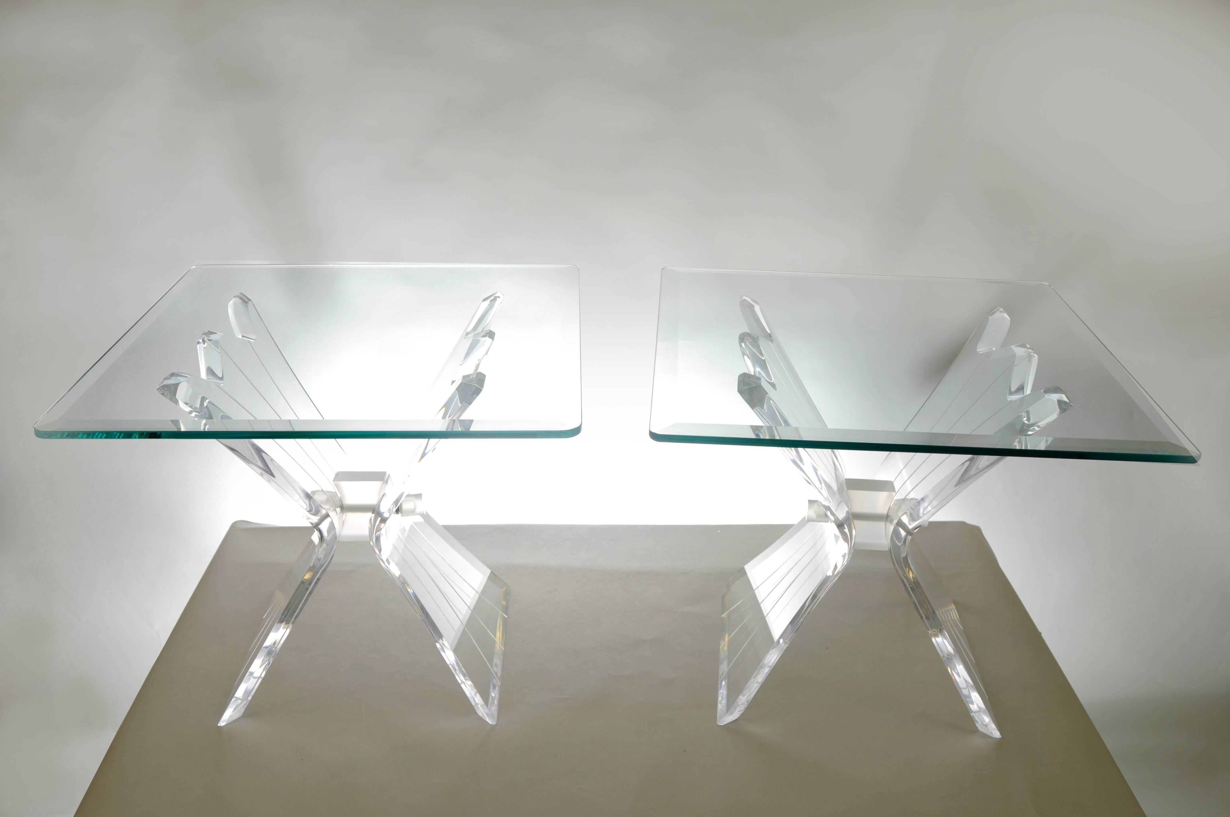 Pair of Mid Century Modern Lion in Frost Lucite Butterfly Glass Top End Tables 1