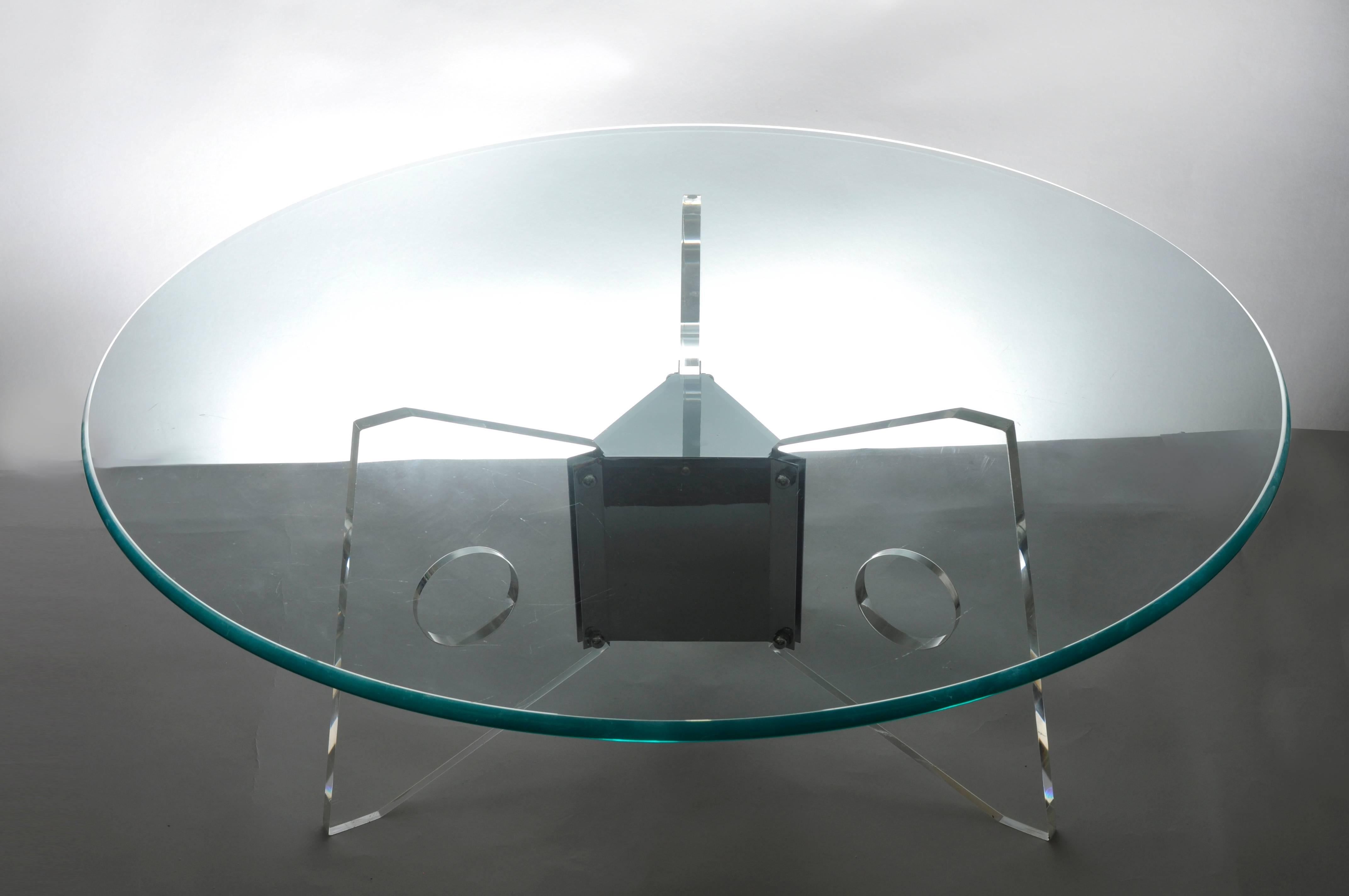 Mid-Century Modern Mid Century Modern Lucite Chrome & Round Glass Tripod Base Coffee Cocktail Table