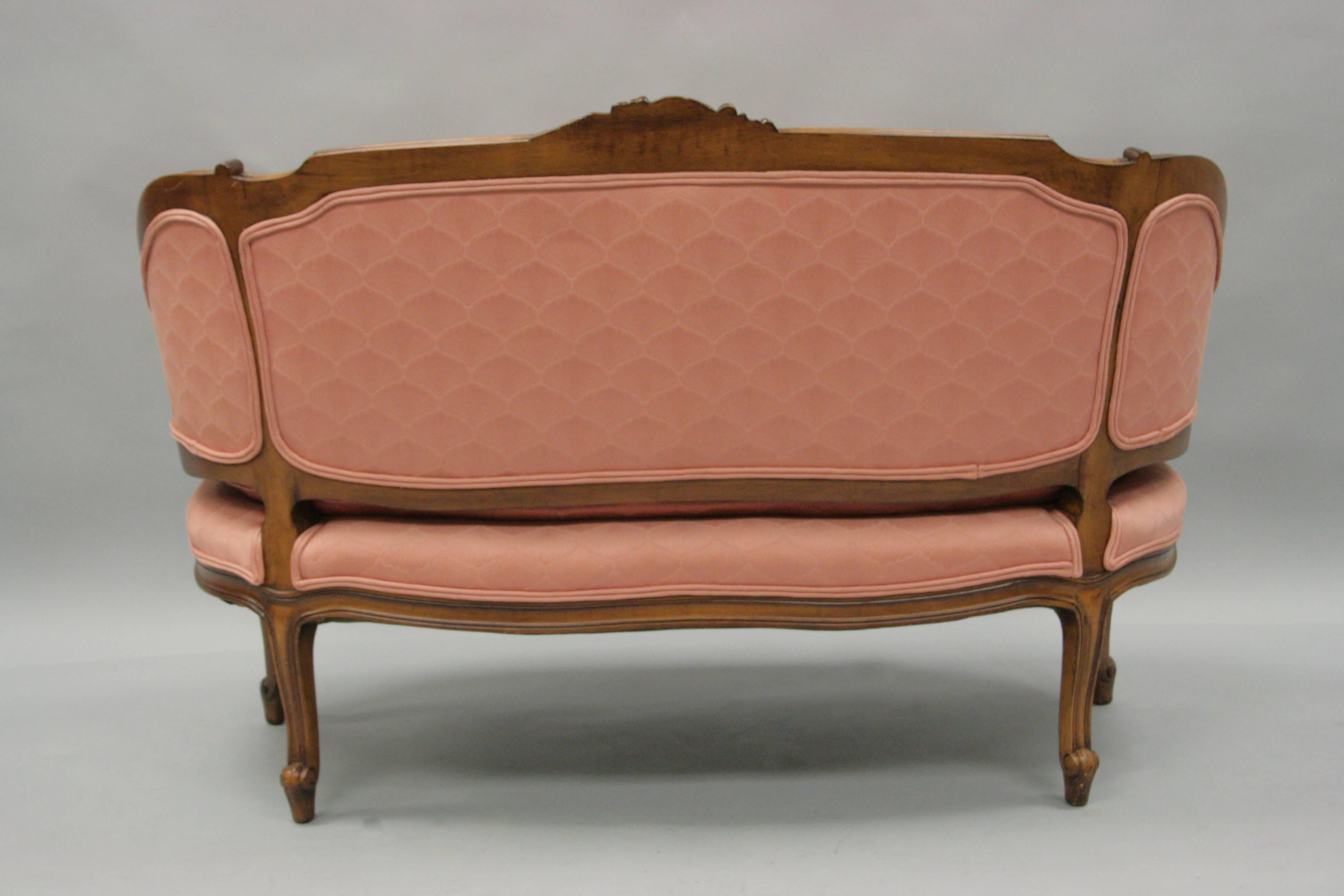 Small French Country Louis XV Style Carved Walnut Pink Settee Loveseat Sofa 2