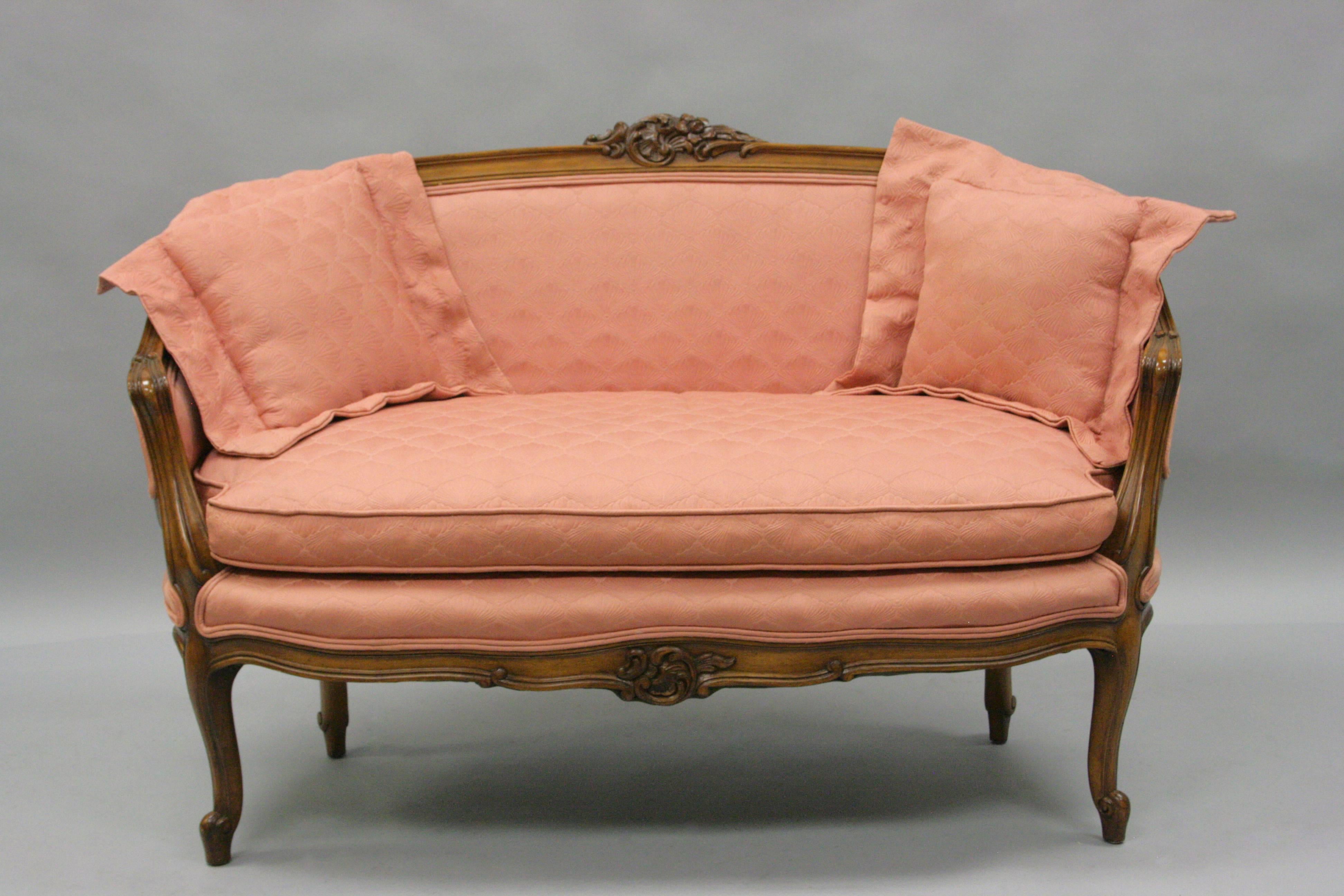 Small French Country Louis XV Style Carved Walnut Pink Settee Loveseat Sofa 3