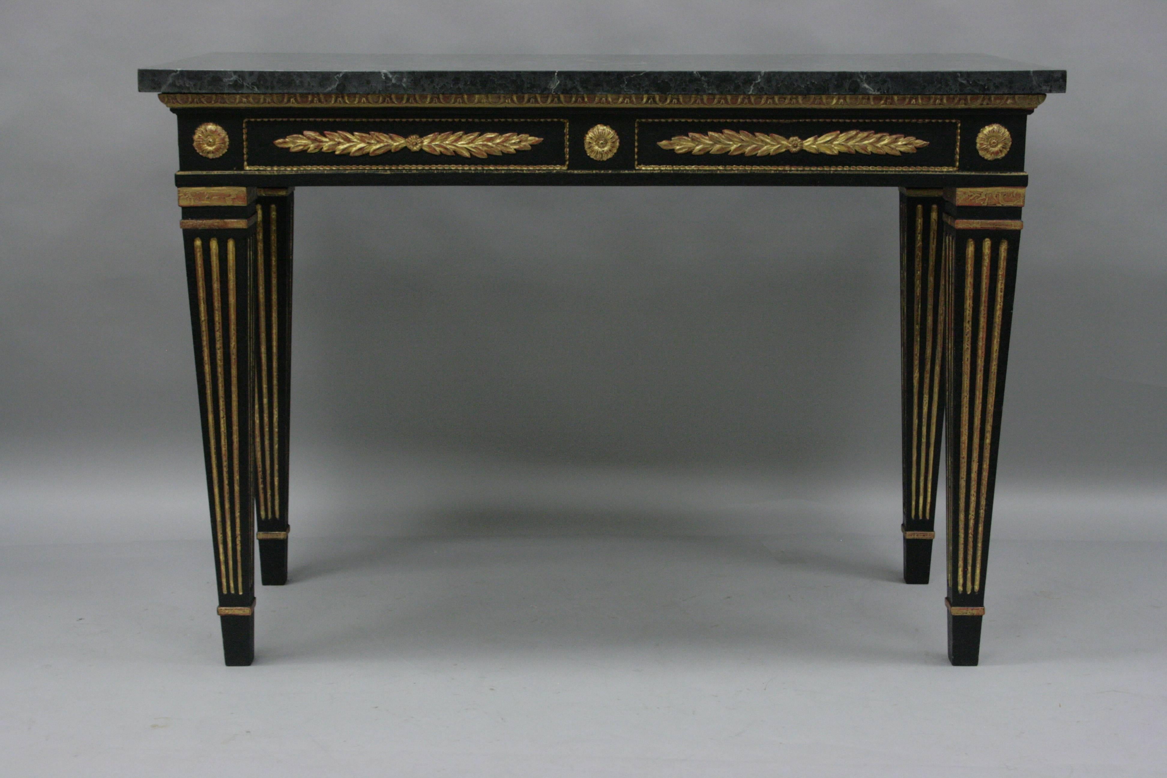 Black and Gold Louis XVI French Jansen Style Faux Marble-Top Console Hall Table 3