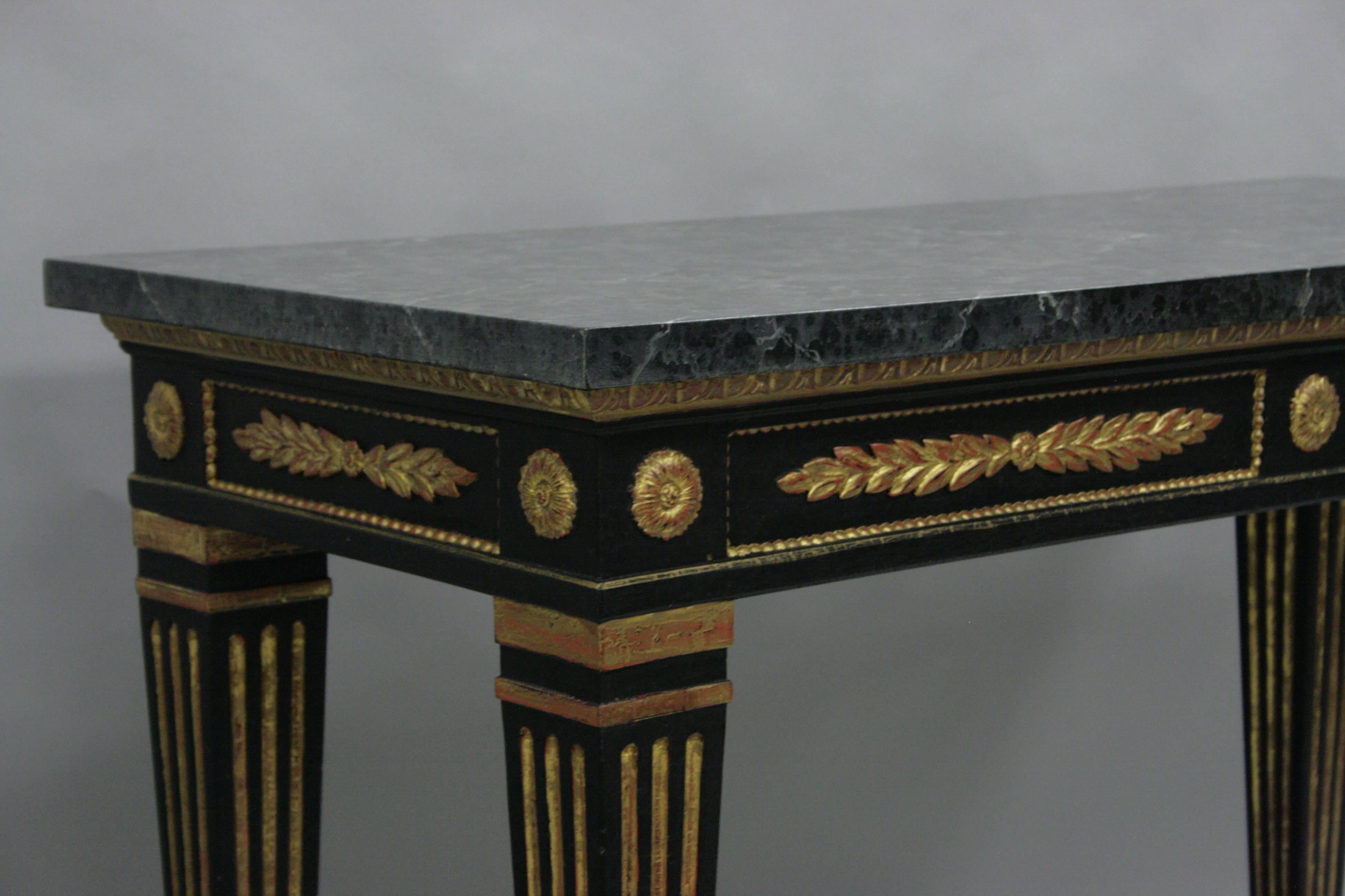Directoire Black and Gold Louis XVI French Jansen Style Faux Marble-Top Console Hall Table
