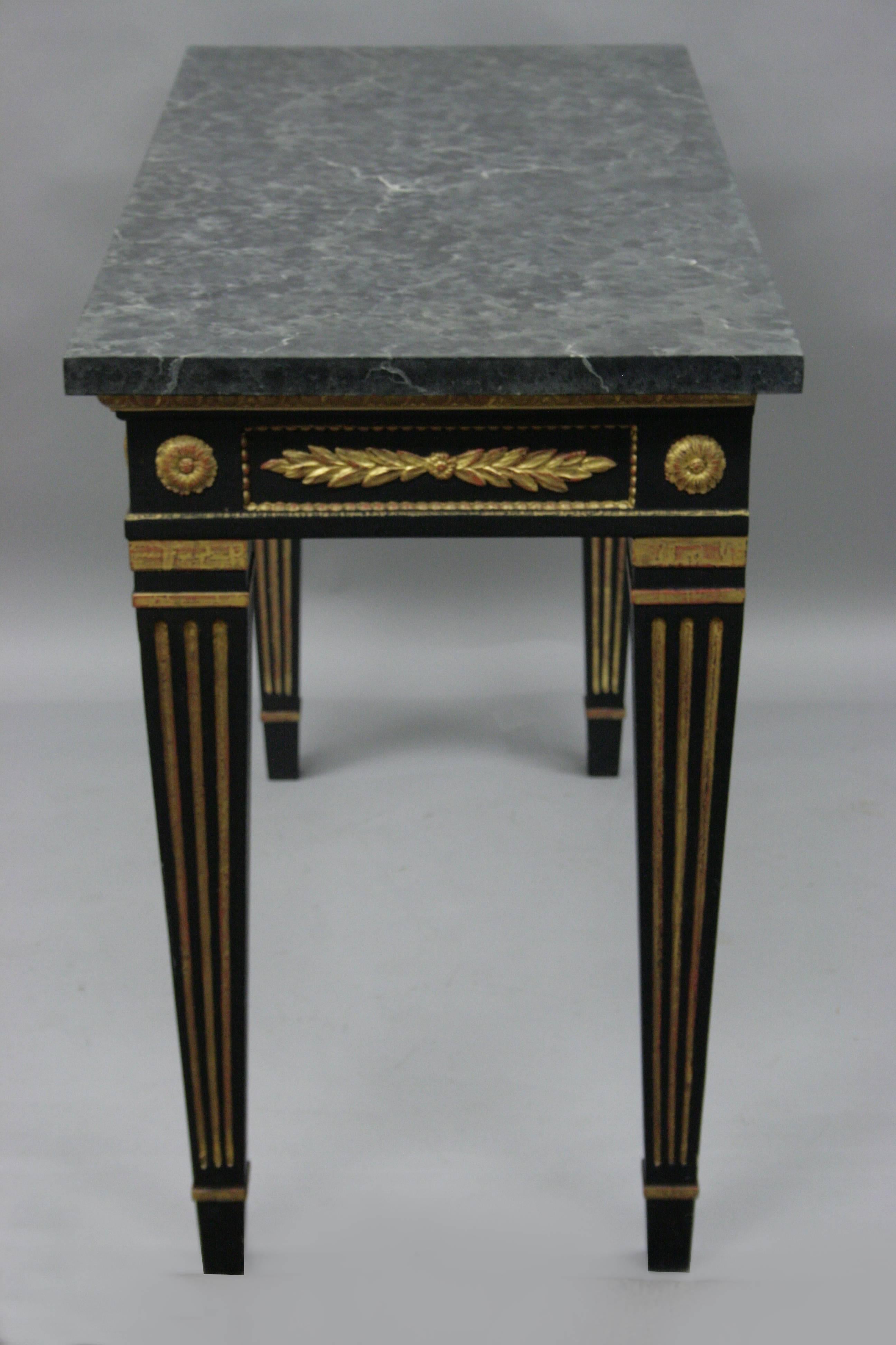 Black and Gold Louis XVI French Jansen Style Faux Marble-Top Console Hall Table 1