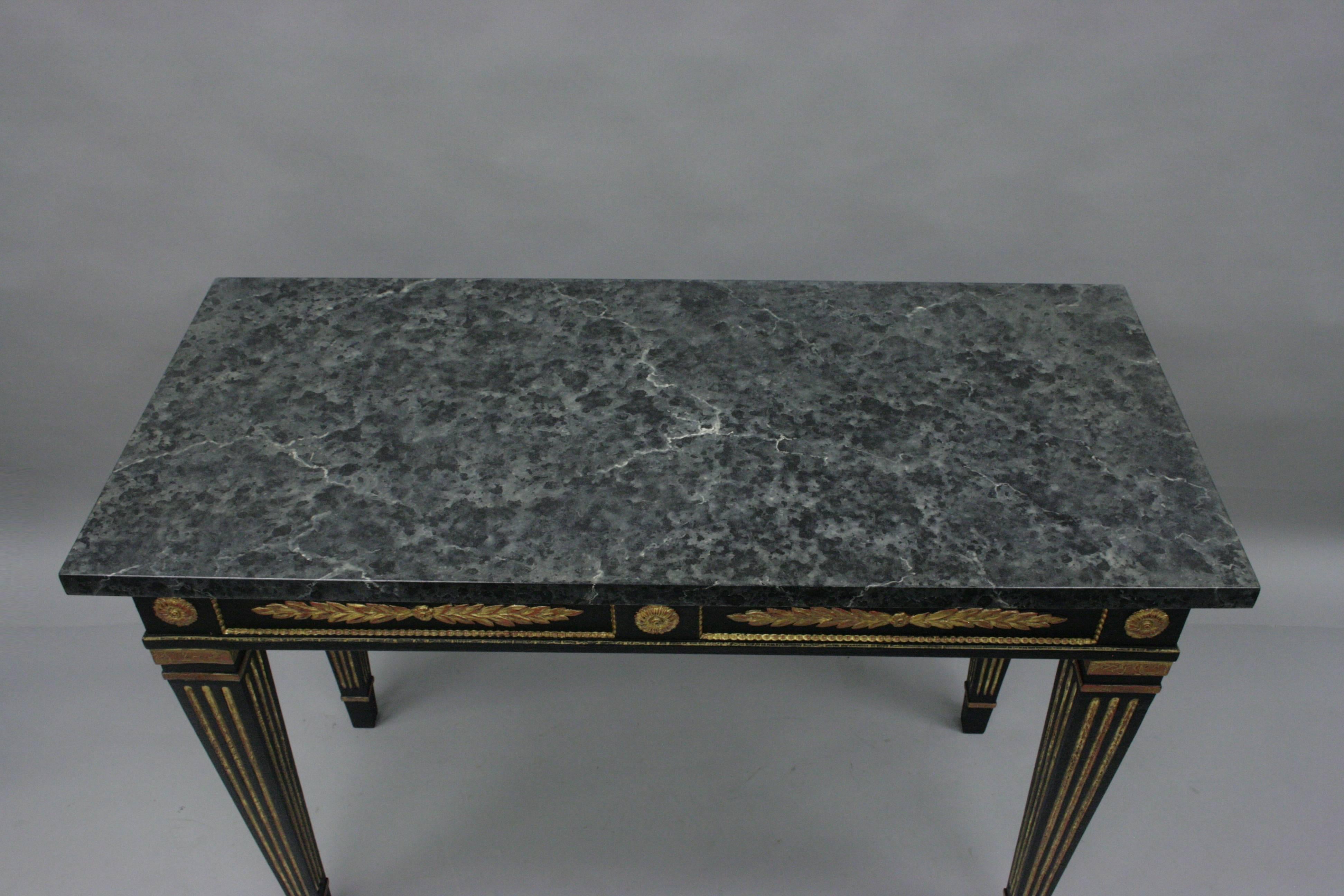 Black and Gold Louis XVI French Jansen Style Faux Marble-Top Console Hall Table In Good Condition In Philadelphia, PA