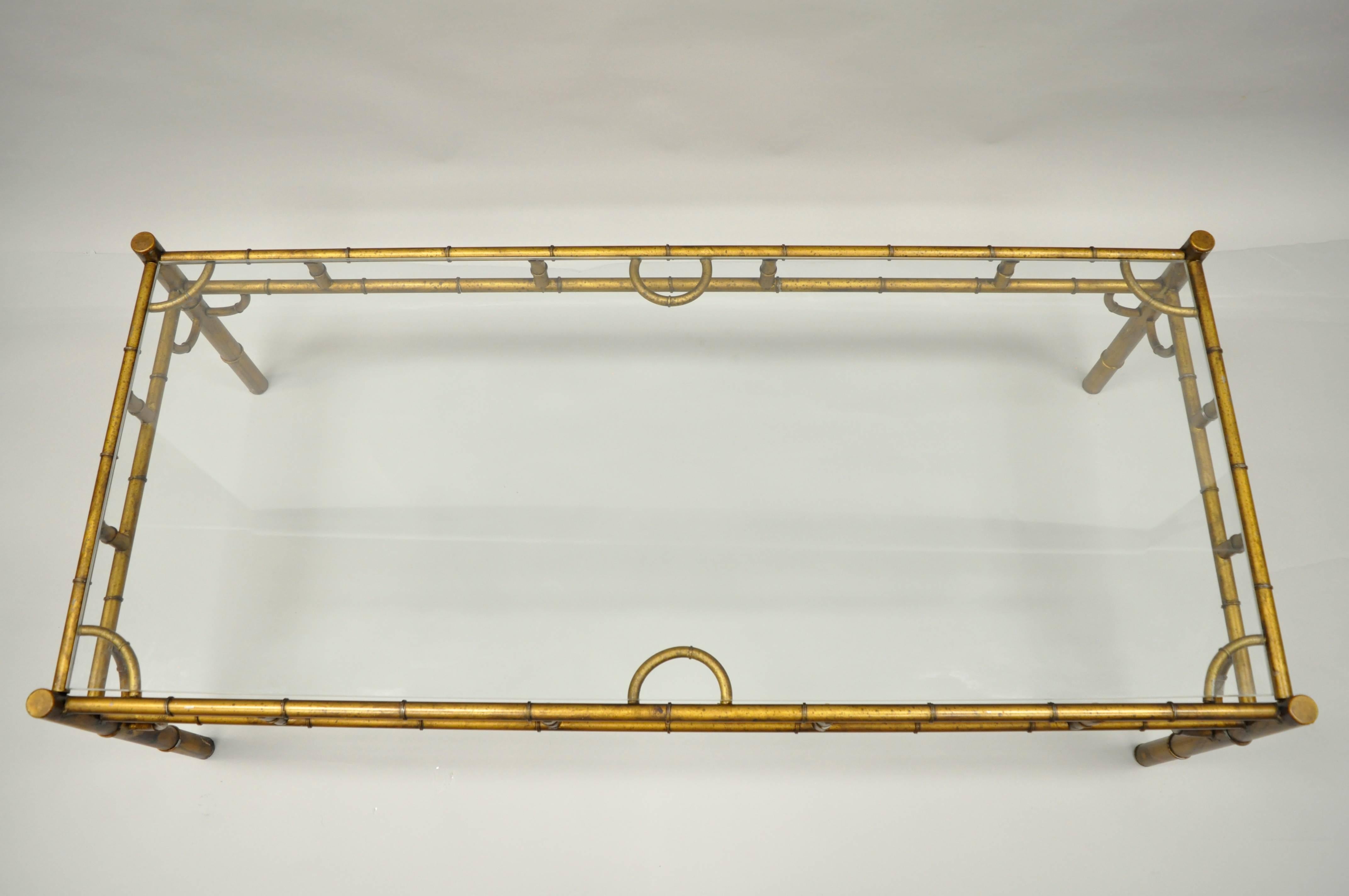 20th Century Gold Metal Glass Faux Bamboo Chinese Chippendale Style Rectangular Coffee Table