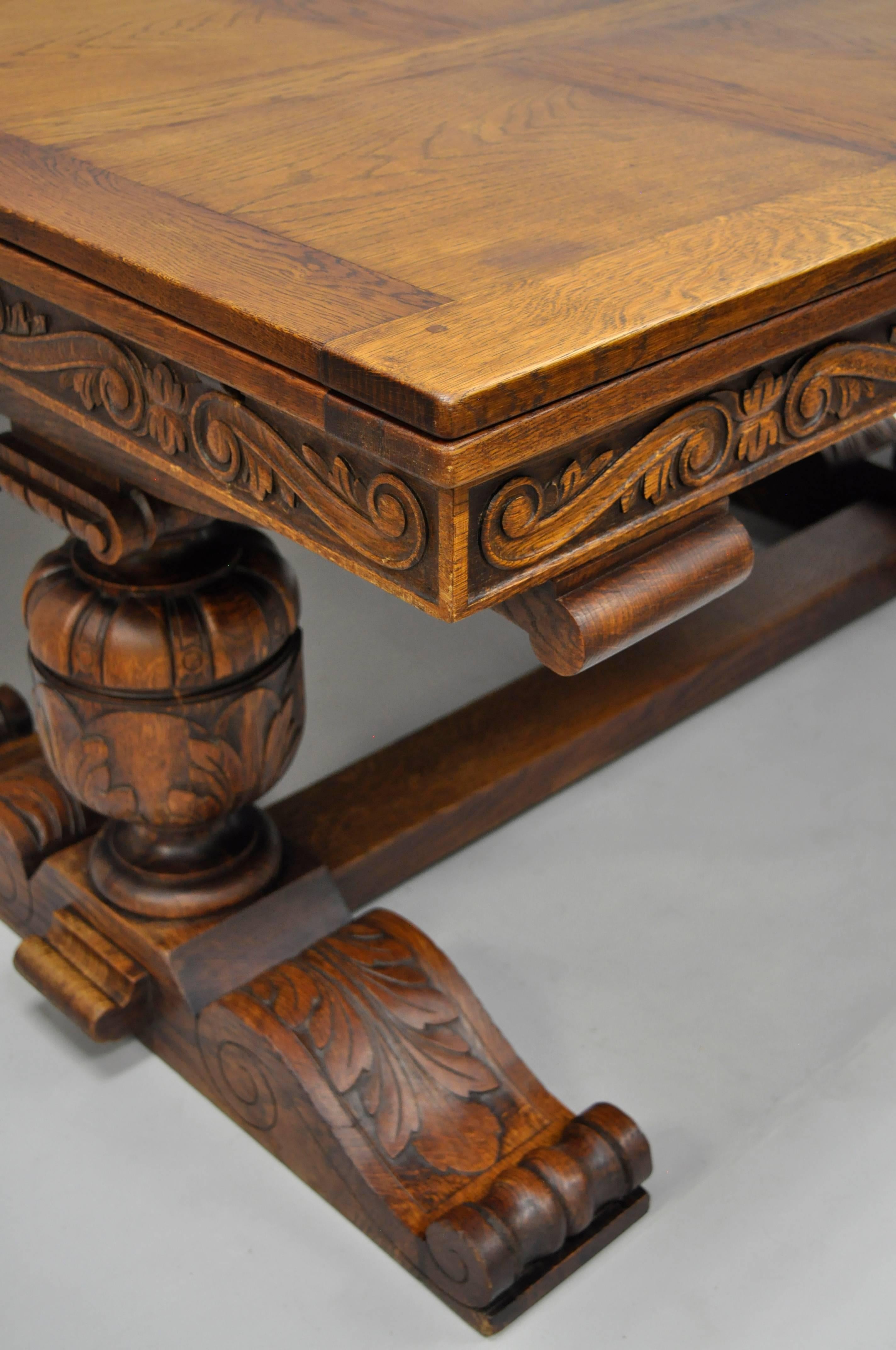 Carved Oak Wood Renaissance Revival Refectory Extension Trestle Dining Table In Good Condition In Philadelphia, PA