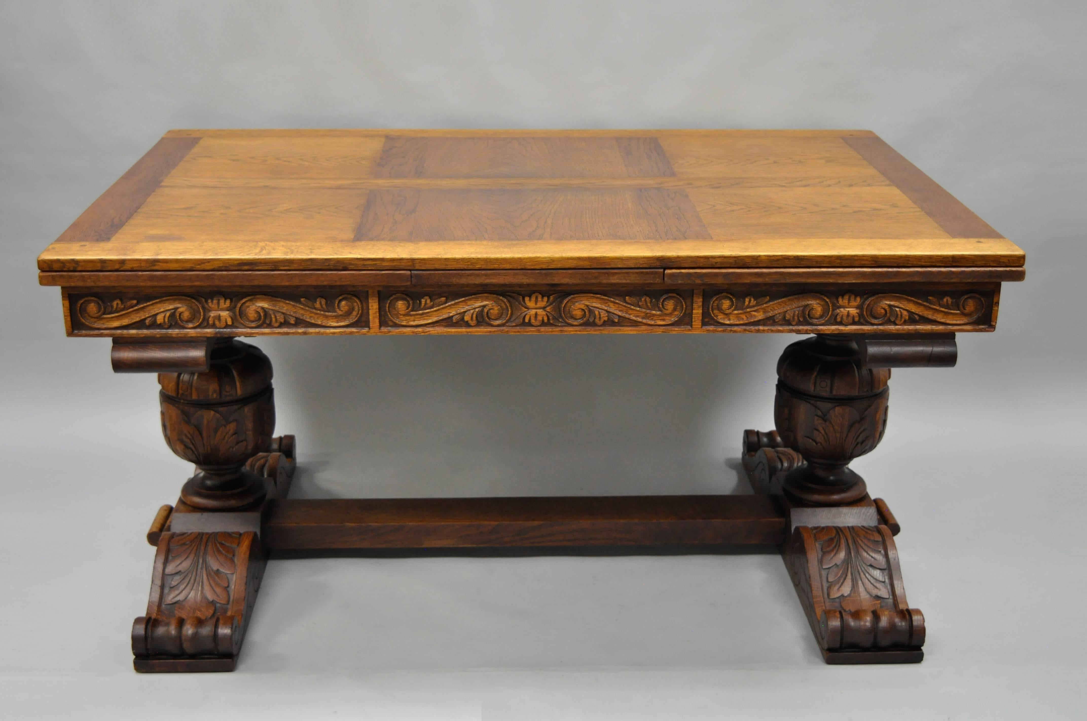 Remarkable quality solid oak wood Renaissance Revival or Jacobean Style refectory trestle base dining table. Item features a beautiful solid wood joined top with exposed wooden dowels, stunning tiger oak wood grain, substantial and finely carved