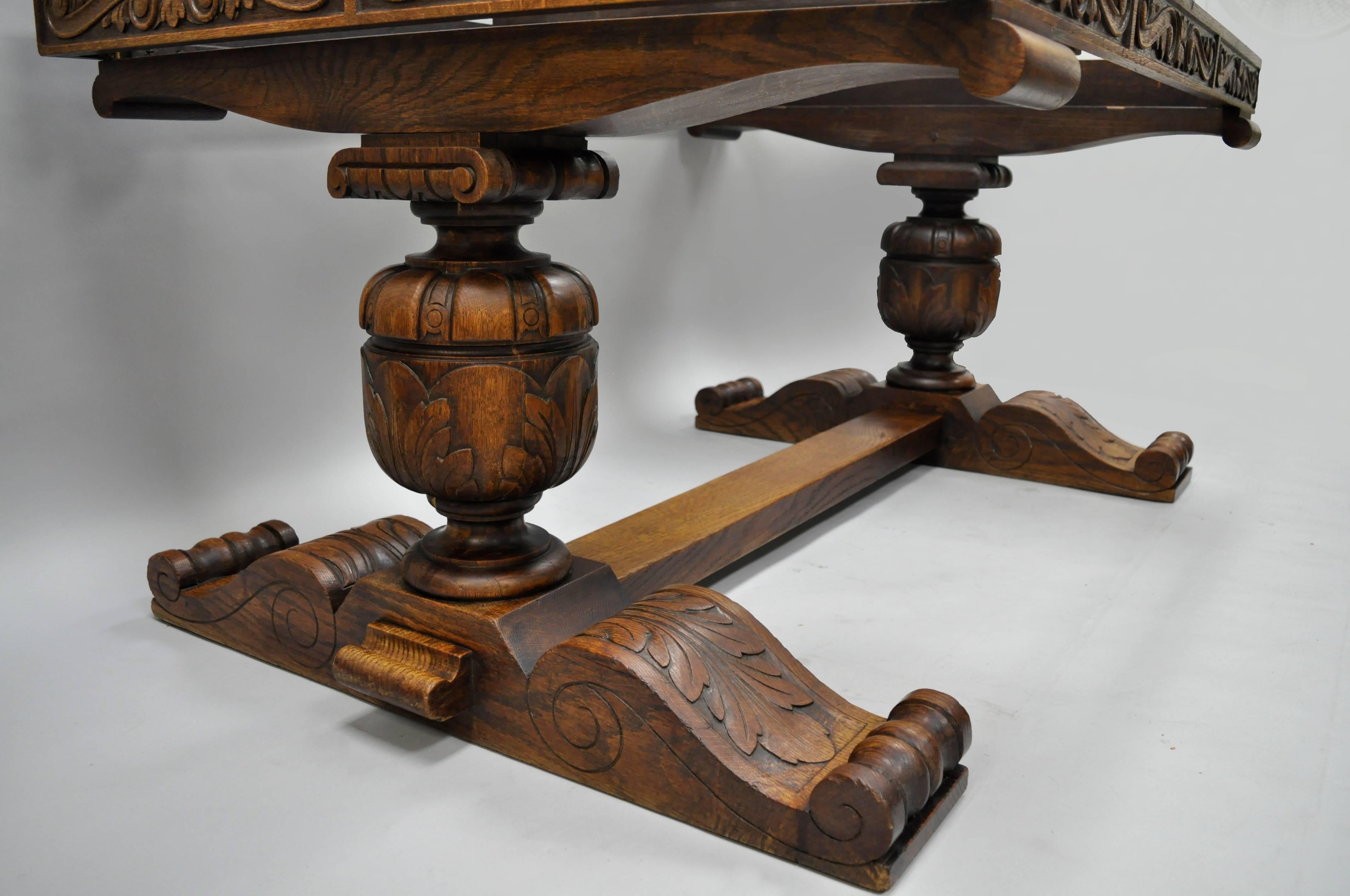 European Carved Oak Wood Renaissance Revival Refectory Extension Trestle Dining Table