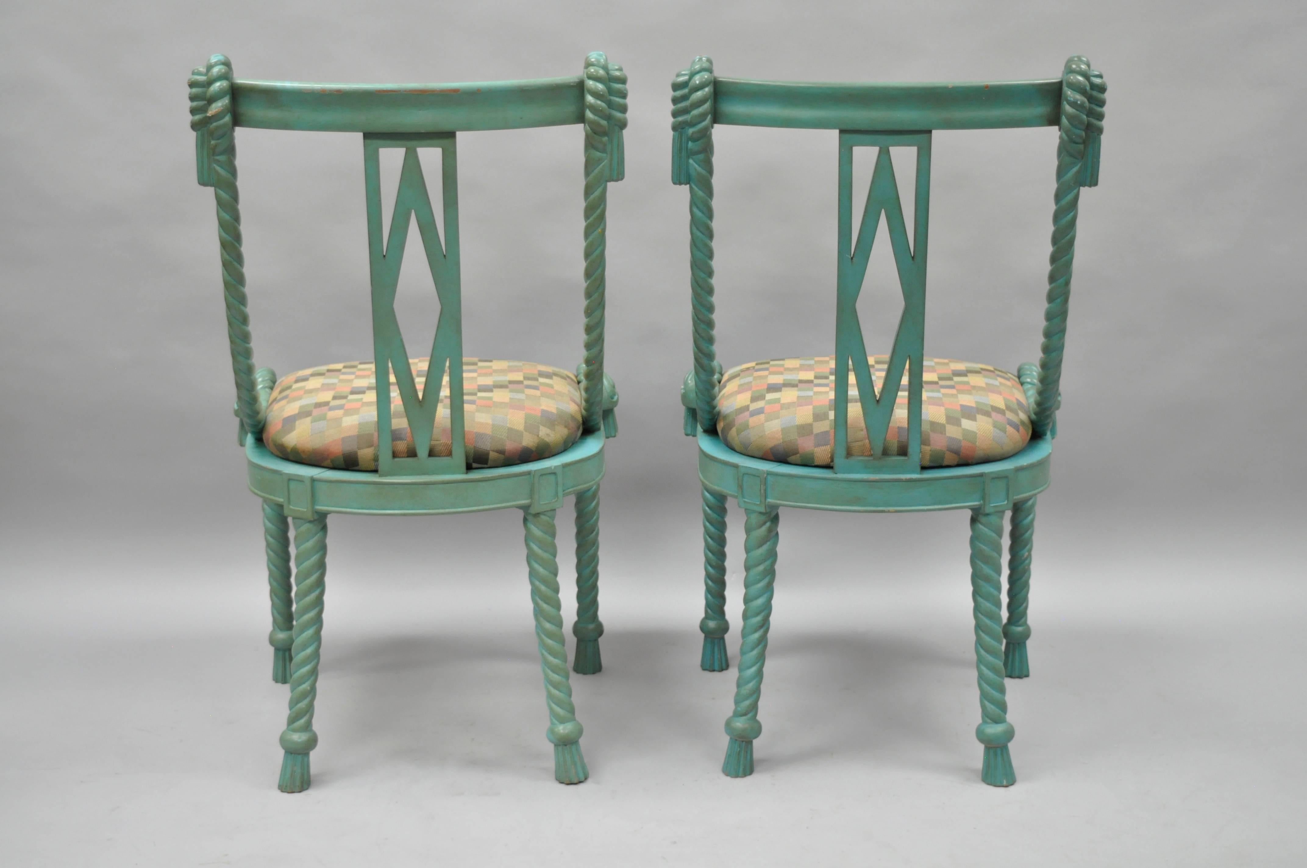 Pair of Andre Originals Carved Wood Rope & Tassel Italian Style Blue Side Chairs In Good Condition In Philadelphia, PA