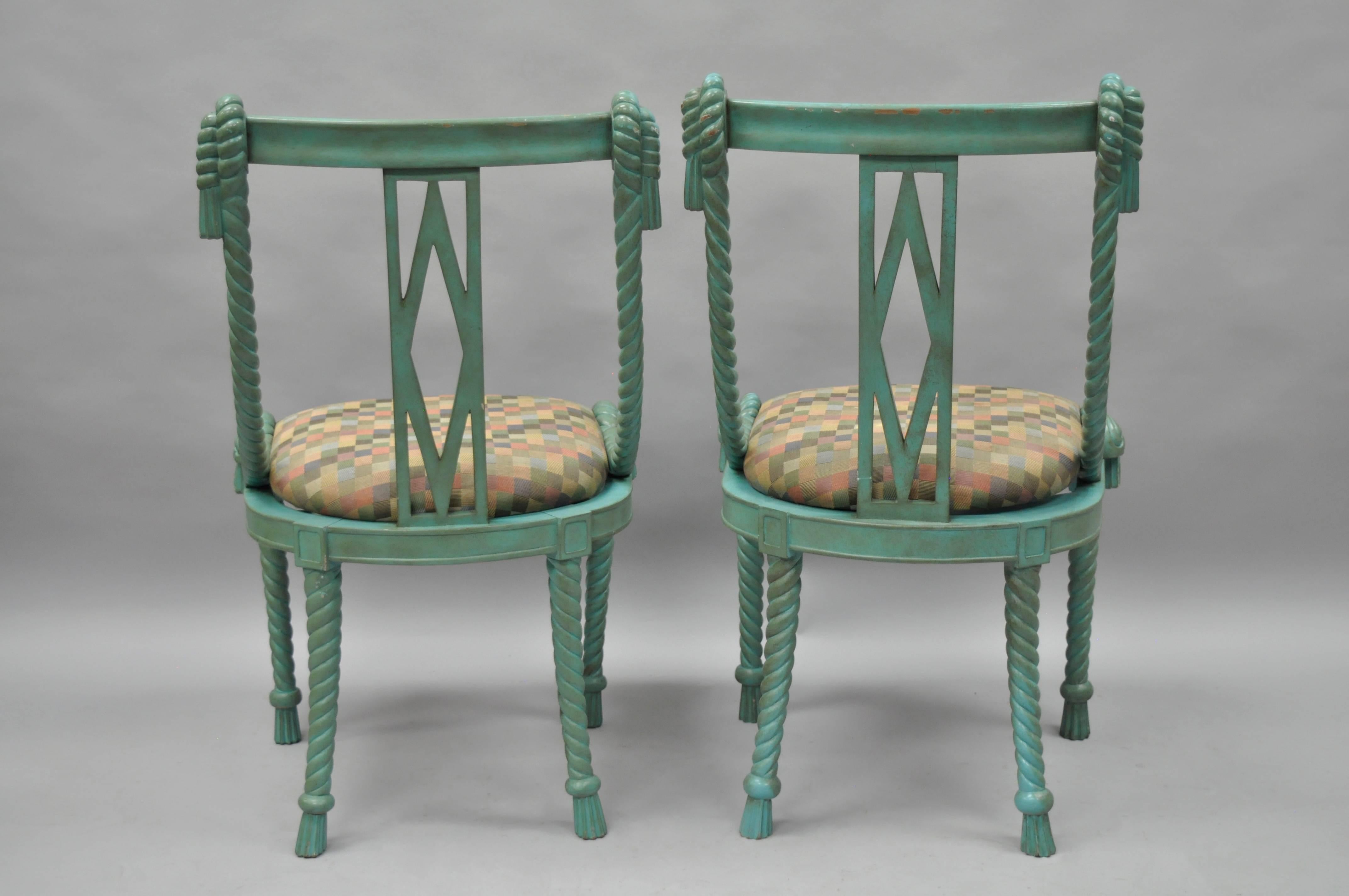 20th Century Pair of Andre Originals Carved Wood Rope & Tassel Italian Style Blue Side Chairs