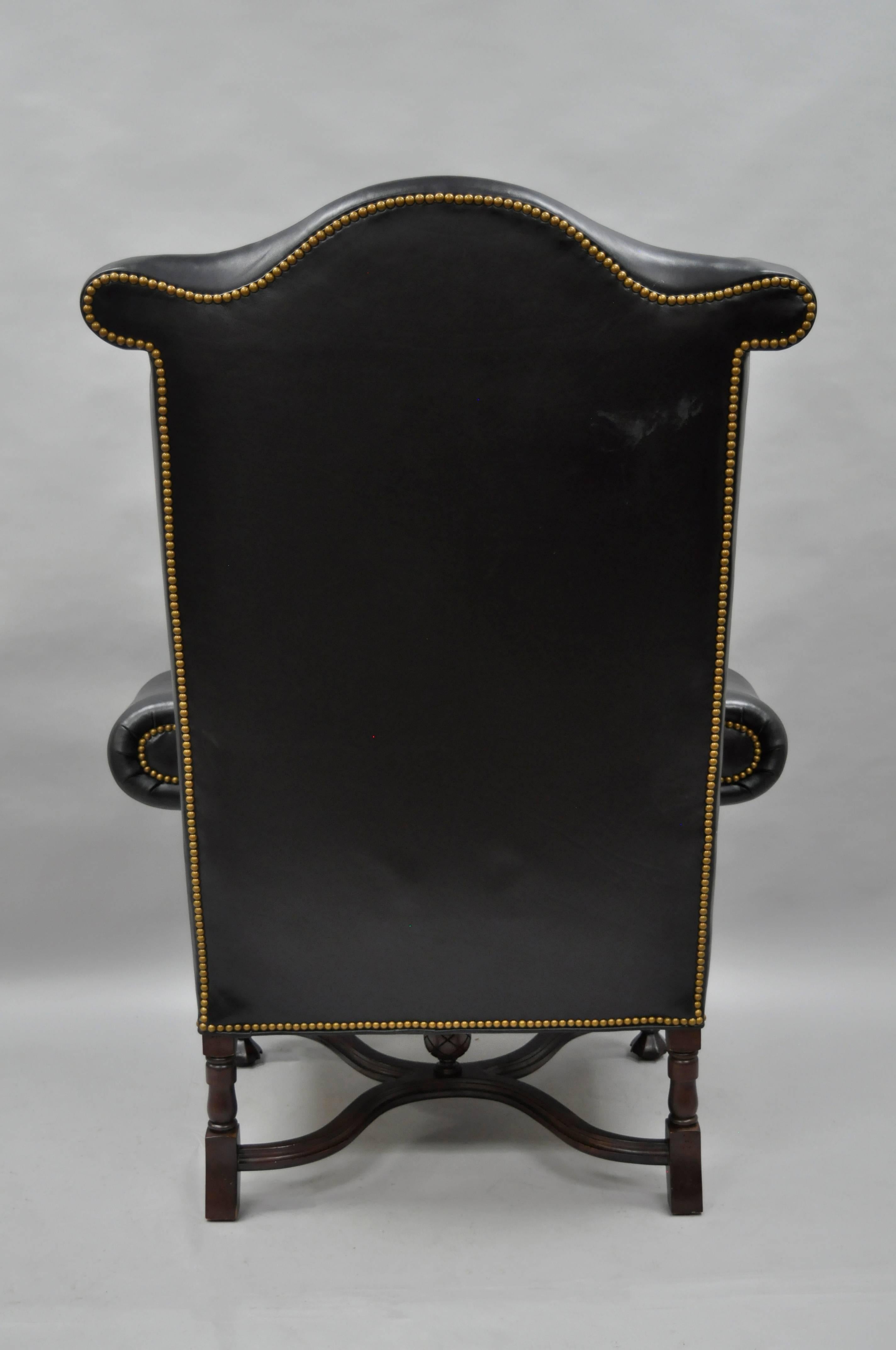 Lee Jofa Oversized Large William and Mary Black Leather Wing Back Library Chair In Good Condition In Philadelphia, PA