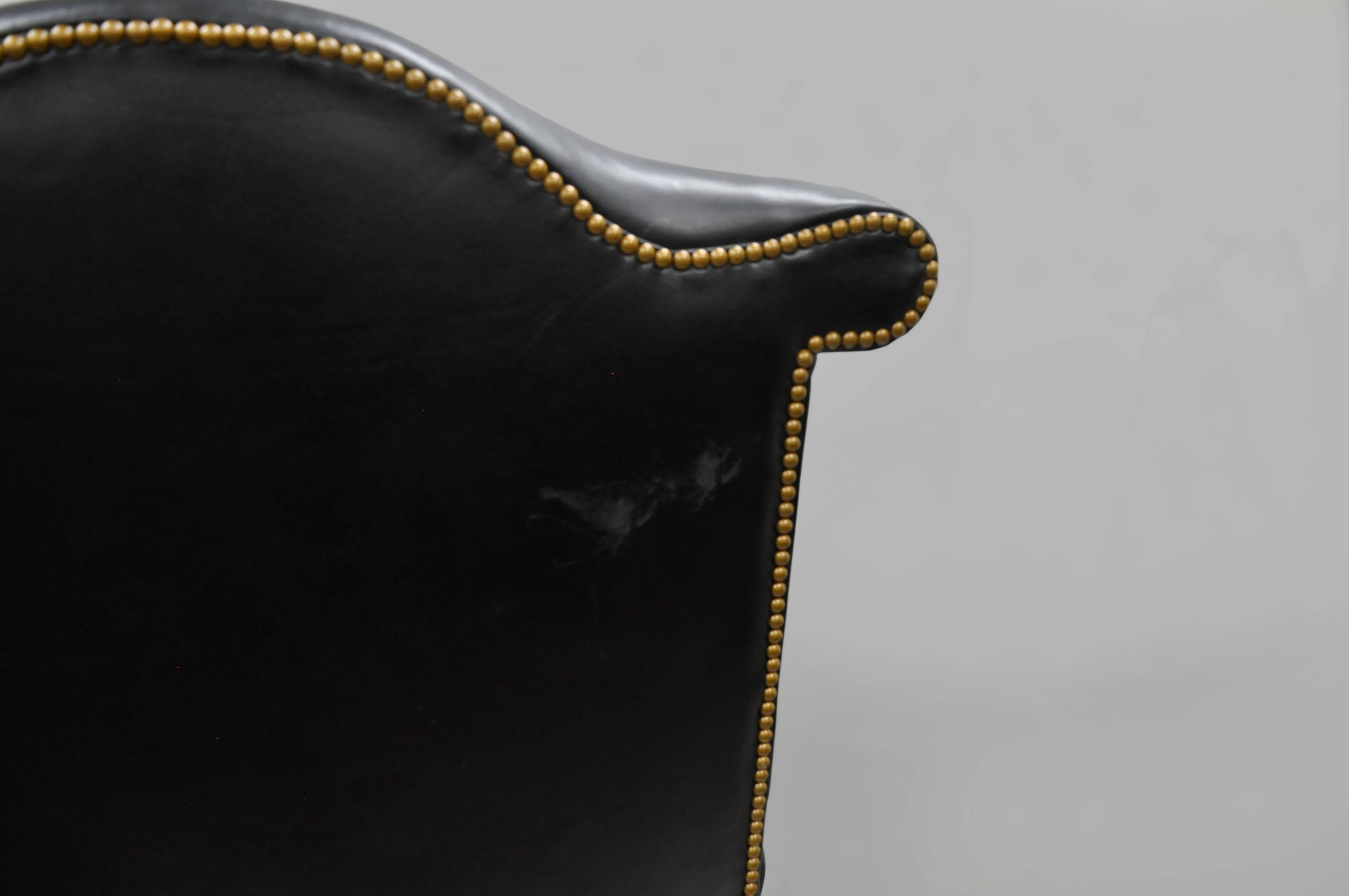 20th Century Lee Jofa Oversized Large William and Mary Black Leather Wing Back Library Chair