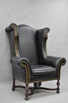 Lee Jofa Oversized Large William and Mary Black Leather Wing Back Library Chair