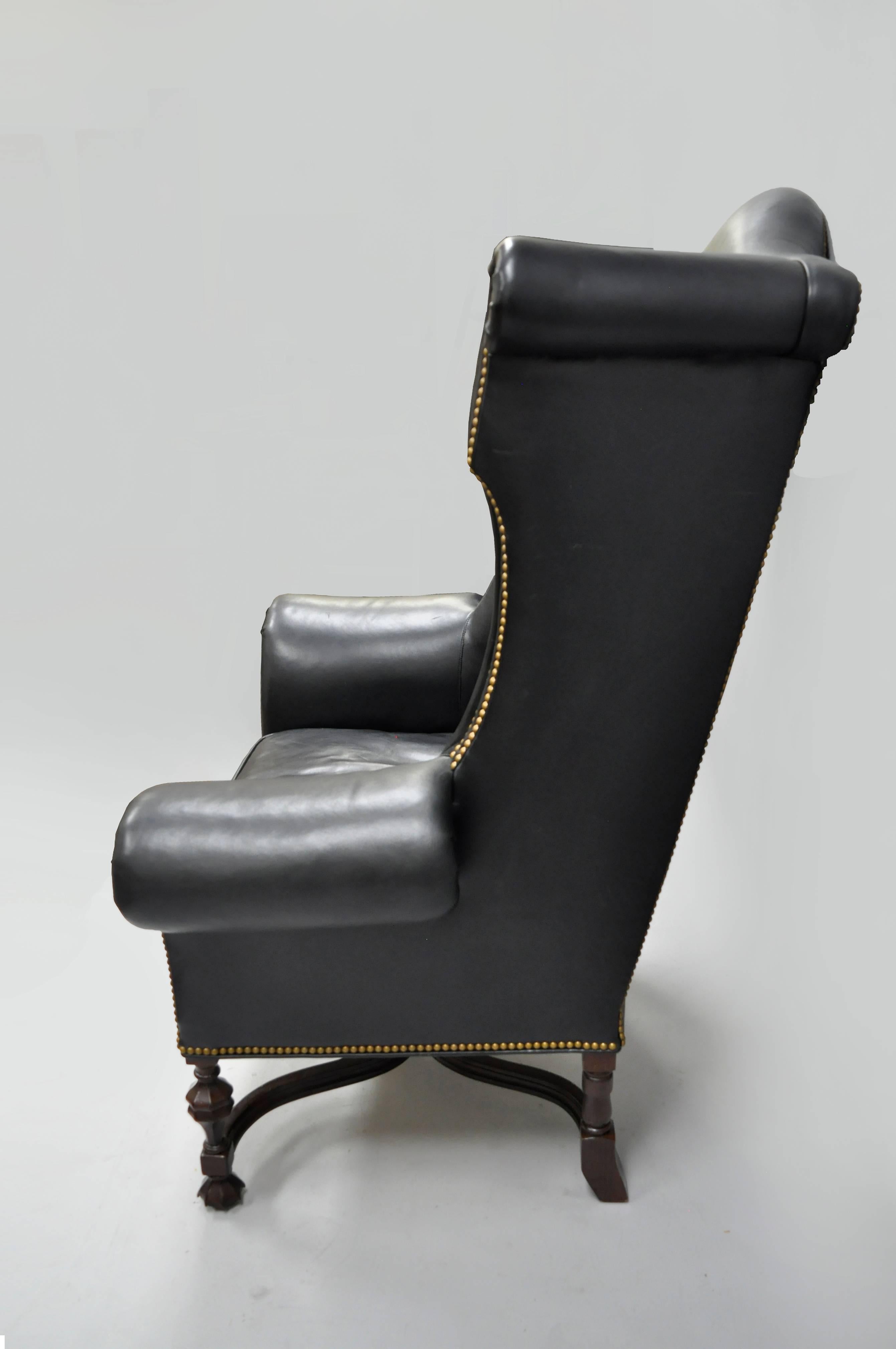 American Lee Jofa Oversized Large William and Mary Black Leather Wing Back Library Chair
