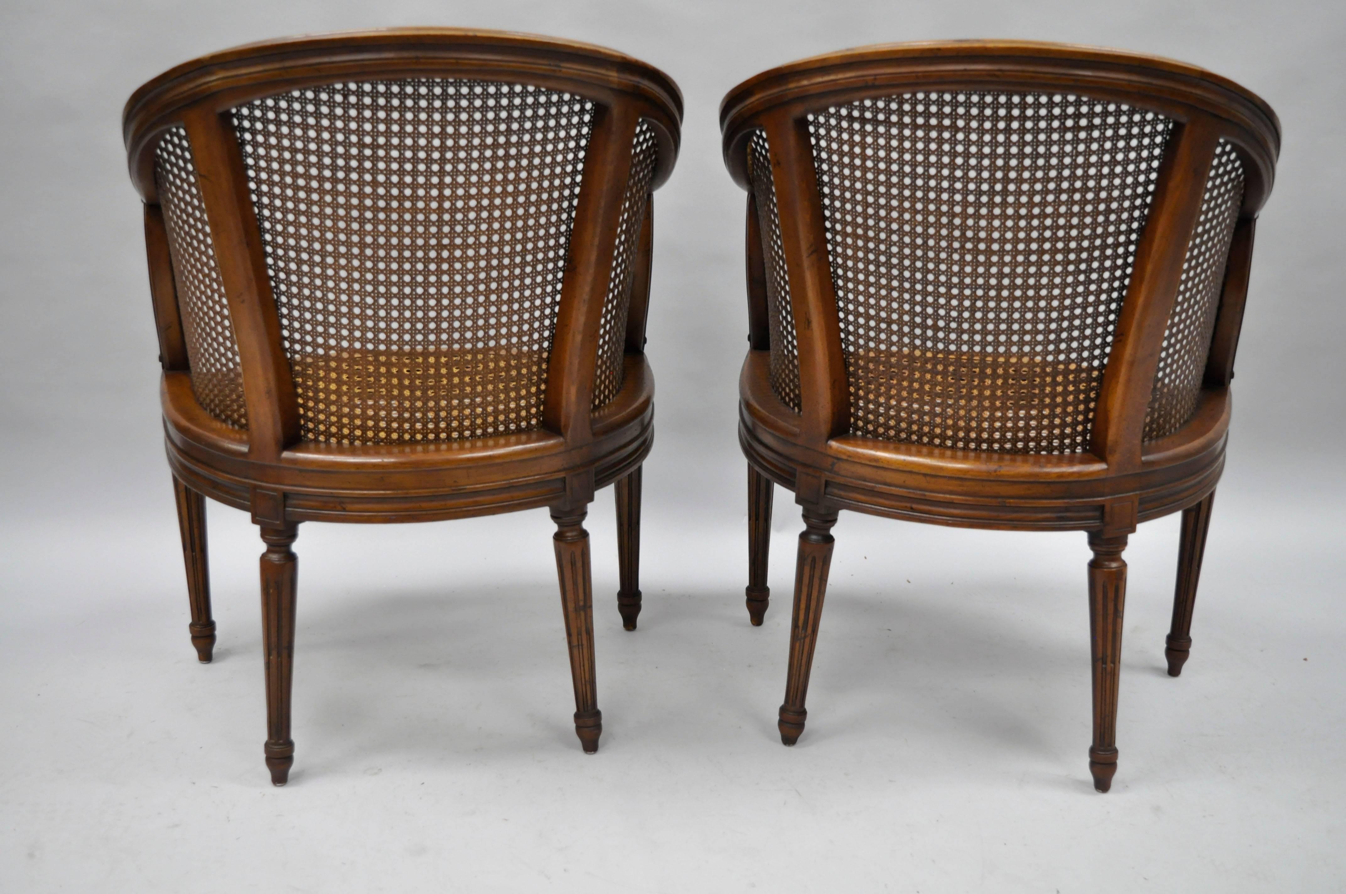 Pair of French Louis XVI Style Walnut and Cane Barrel Back Chairs by Heritage In Excellent Condition In Philadelphia, PA