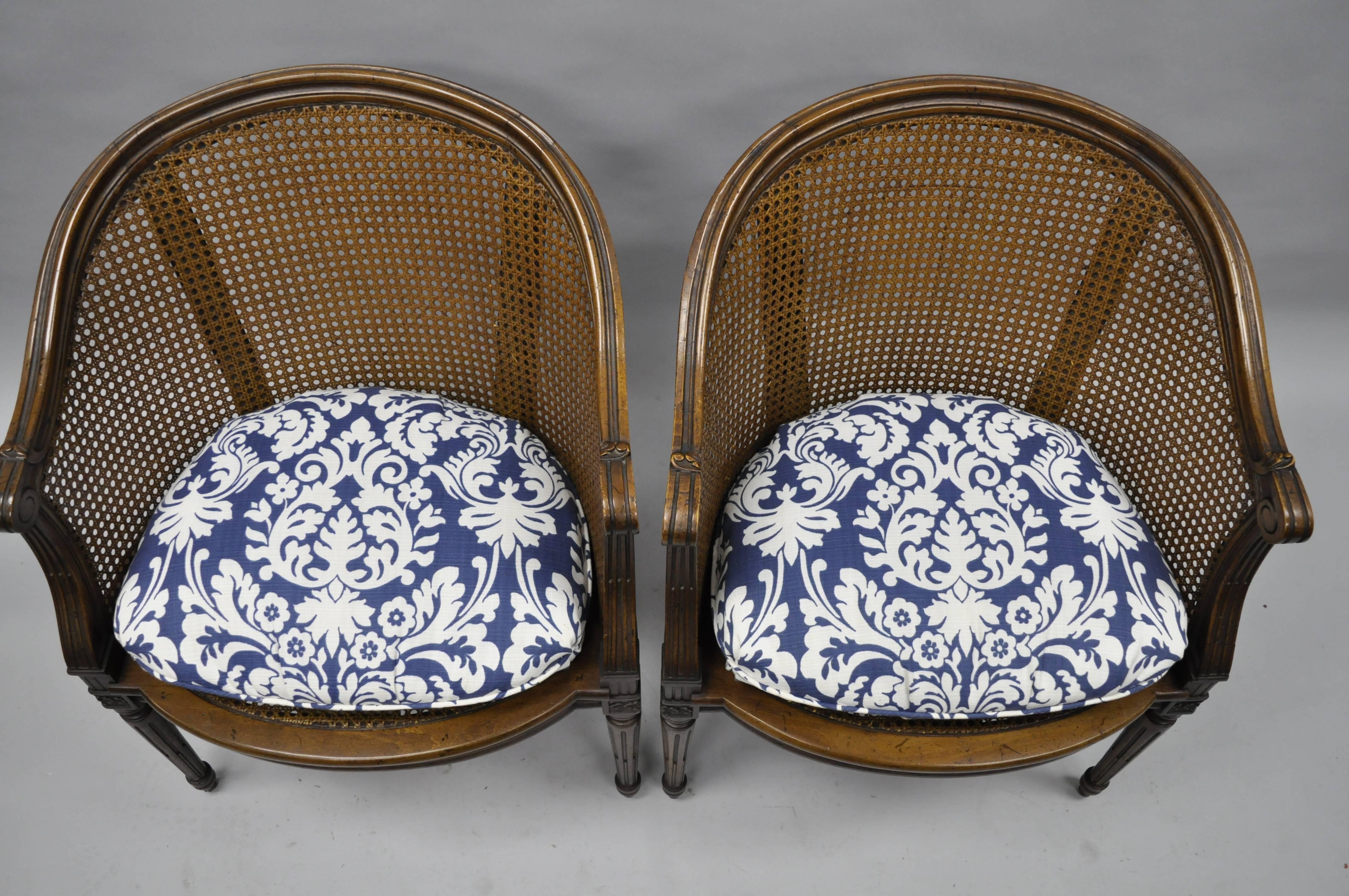 Mid-20th Century Pair of French Louis XVI Style Walnut and Cane Barrel Back Chairs by Heritage