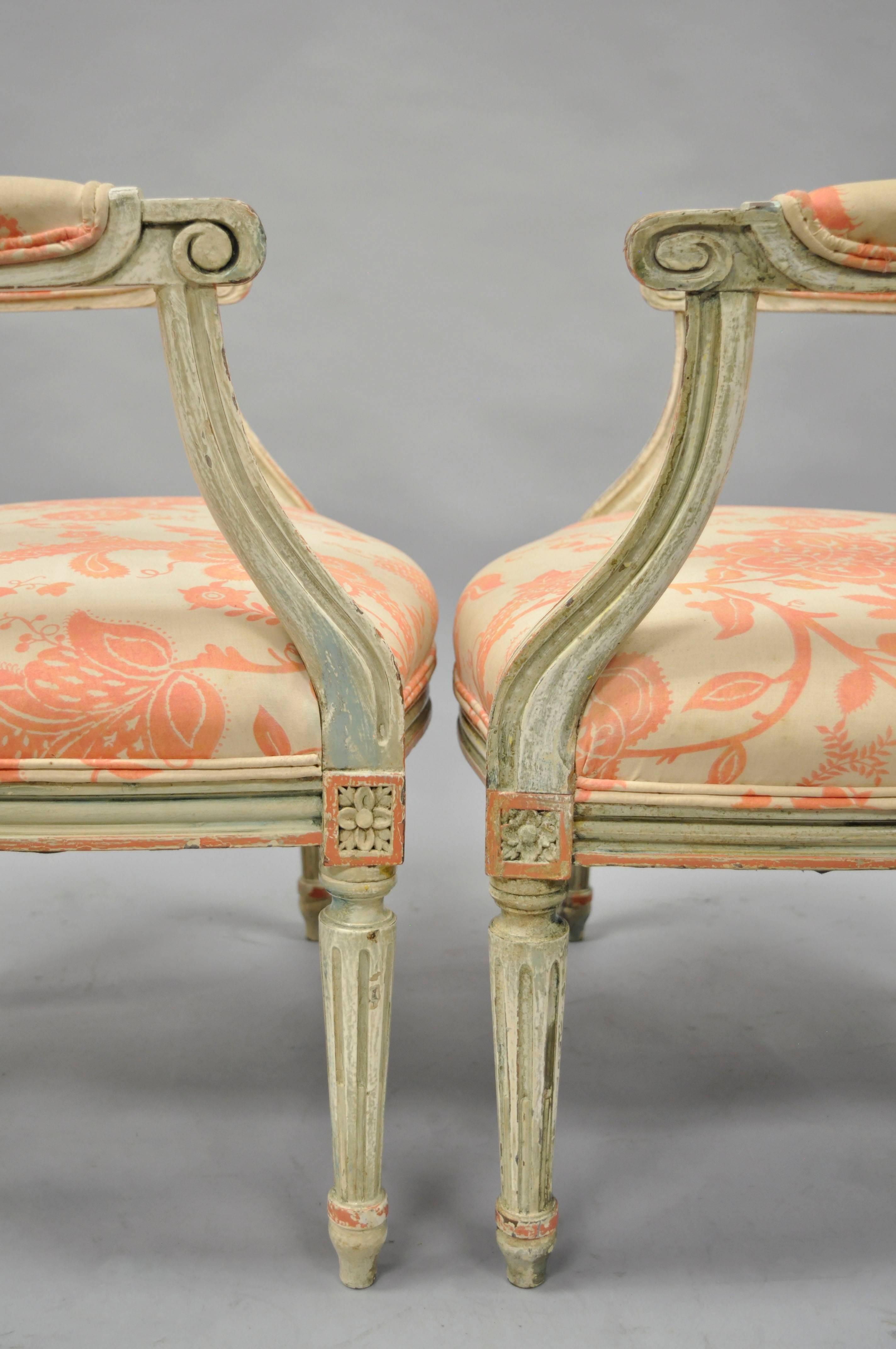 Pair French Louis XVI Cream Peach Green Distress Painted Fauteuil Arm Chairs In Distressed Condition In Philadelphia, PA