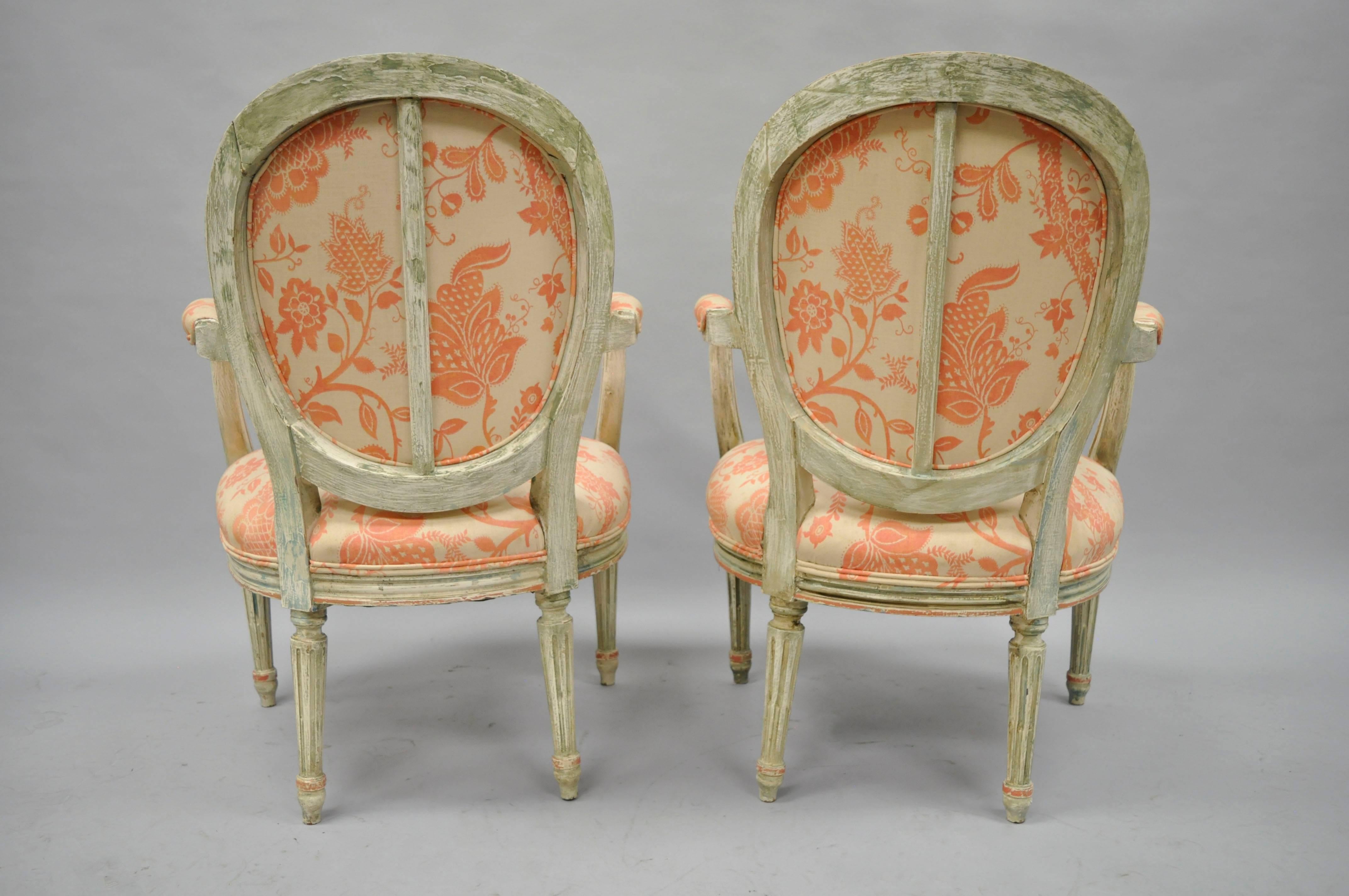Pair French Louis XVI Cream Peach Green Distress Painted Fauteuil Arm Chairs 1