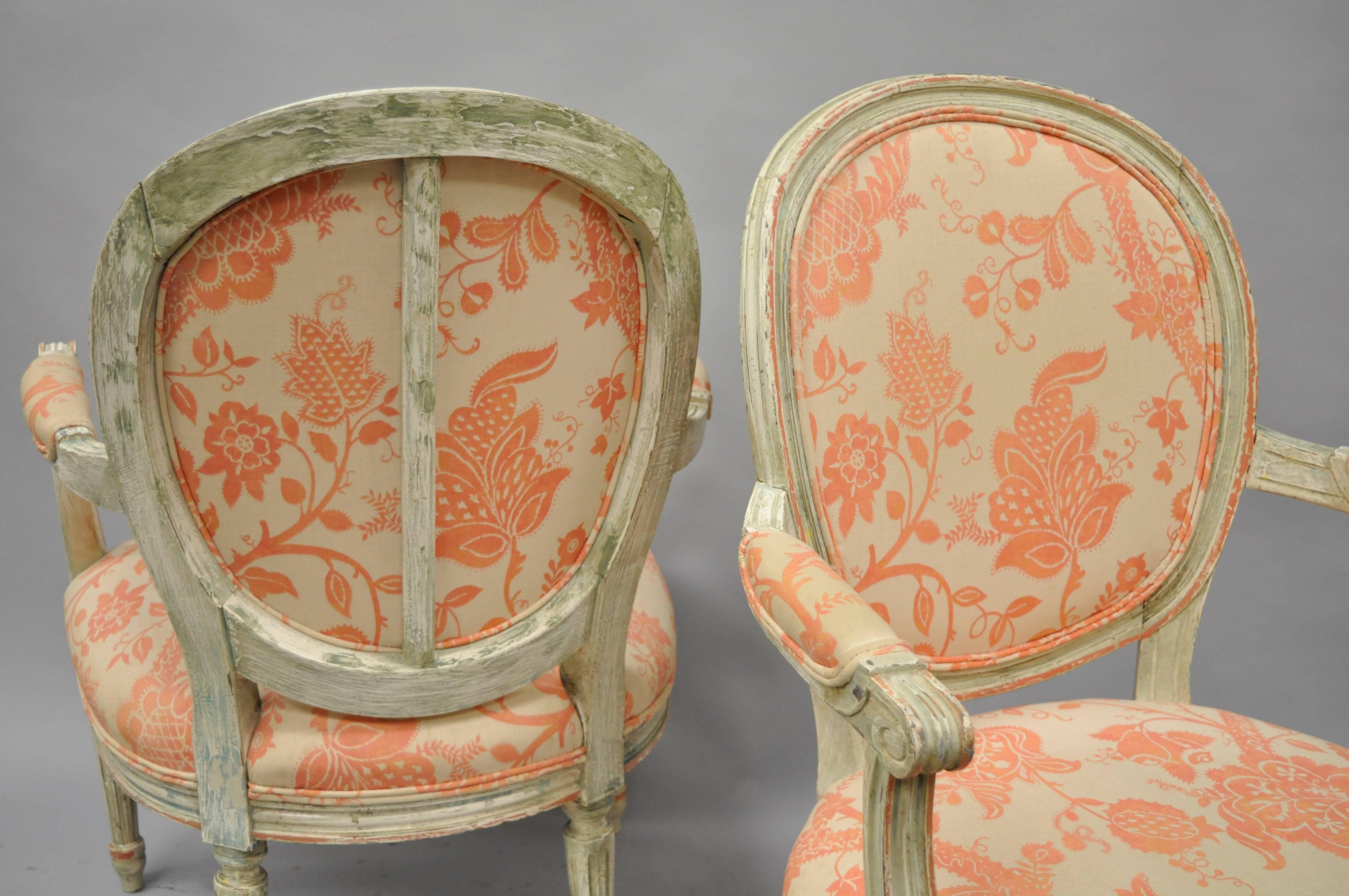 Pair French Louis XVI Cream Peach Green Distress Painted Fauteuil Arm Chairs 2