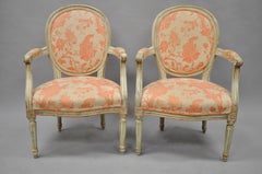 Pair French Louis XVI Cream Peach Green Distress Painted Fauteuil Arm Chairs