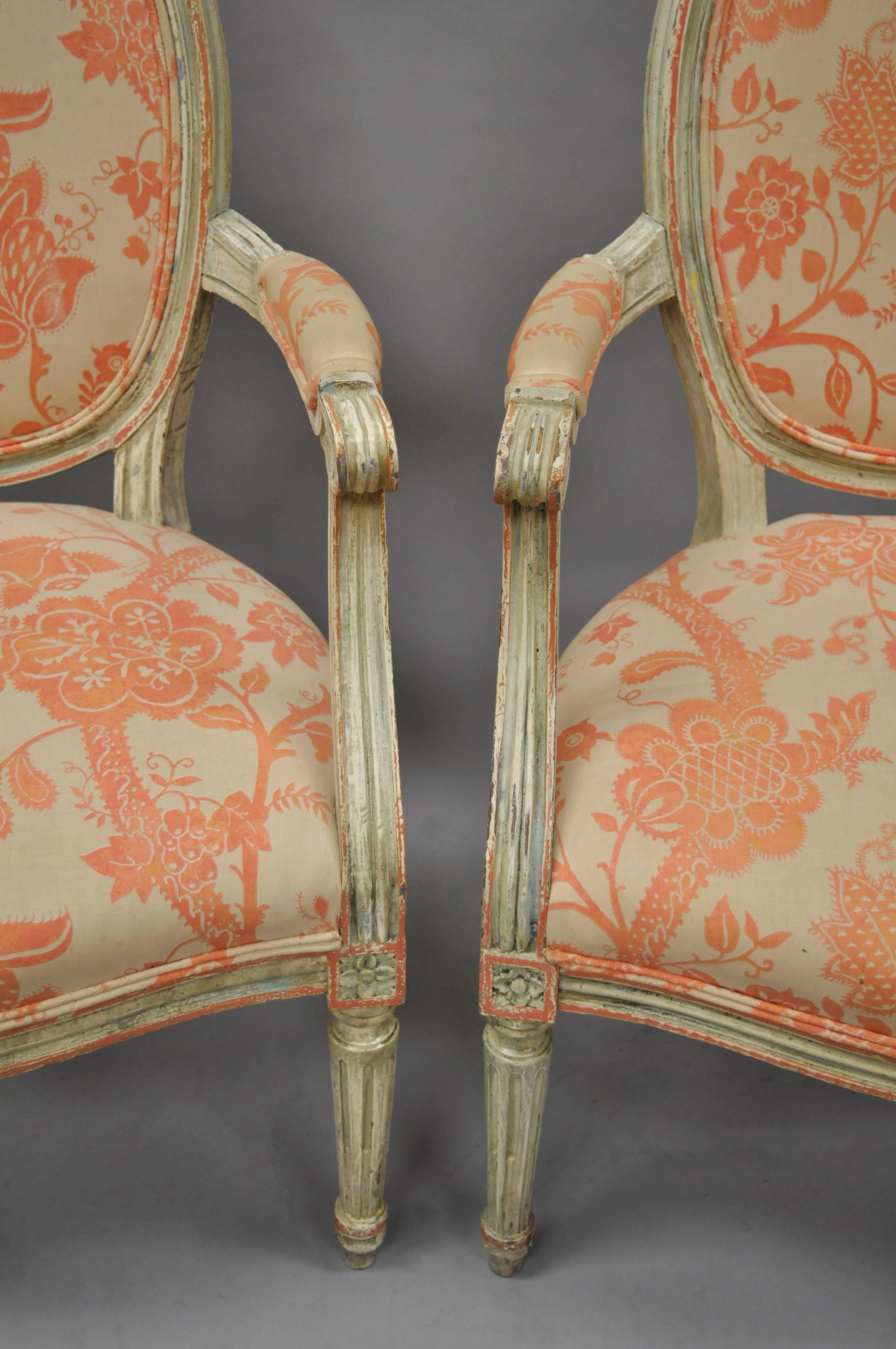 Pair French Louis XVI Cream Peach Green Distress Painted Fauteuil Arm Chairs 3