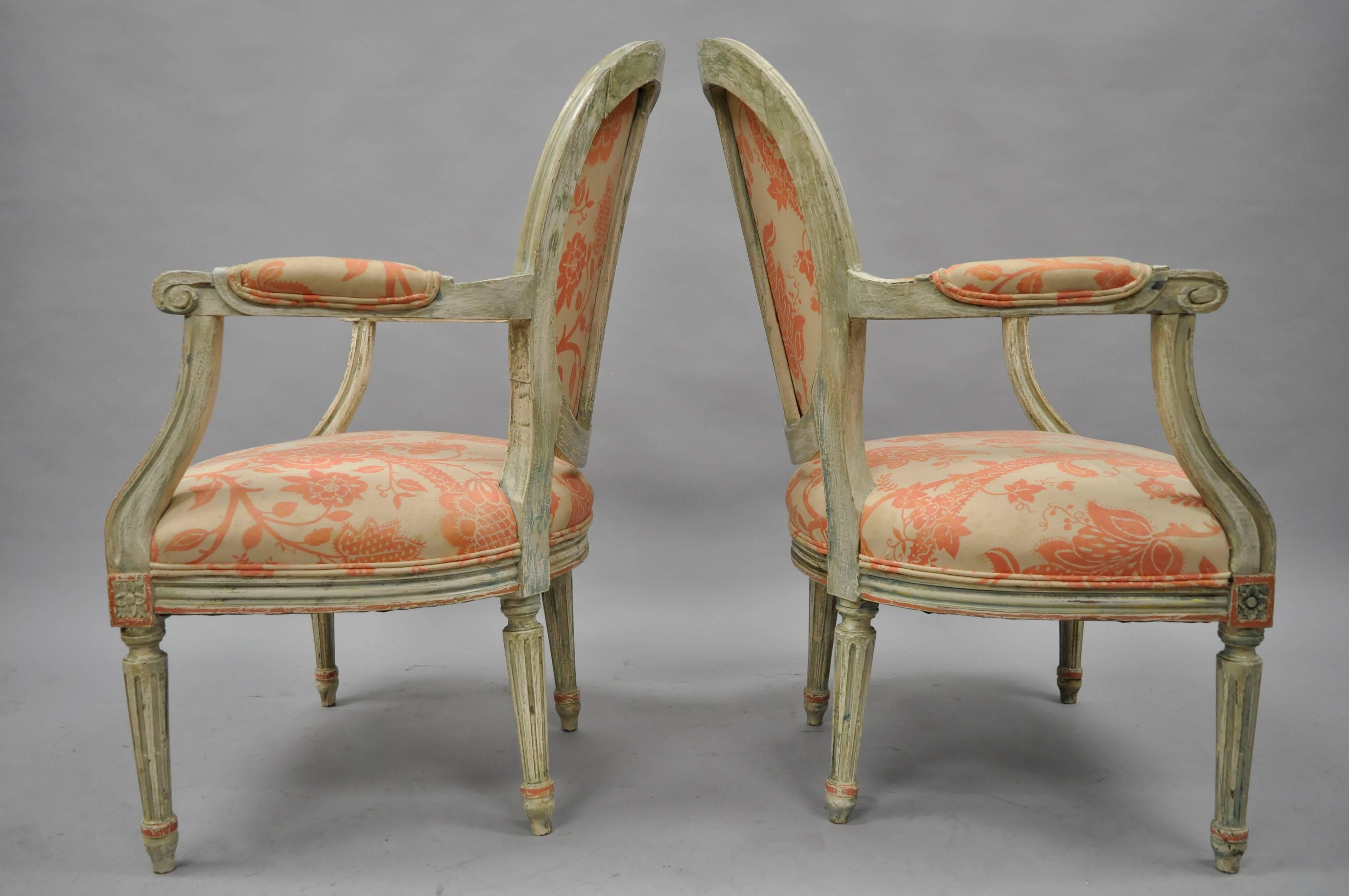 Carved Pair French Louis XVI Cream Peach Green Distress Painted Fauteuil Arm Chairs