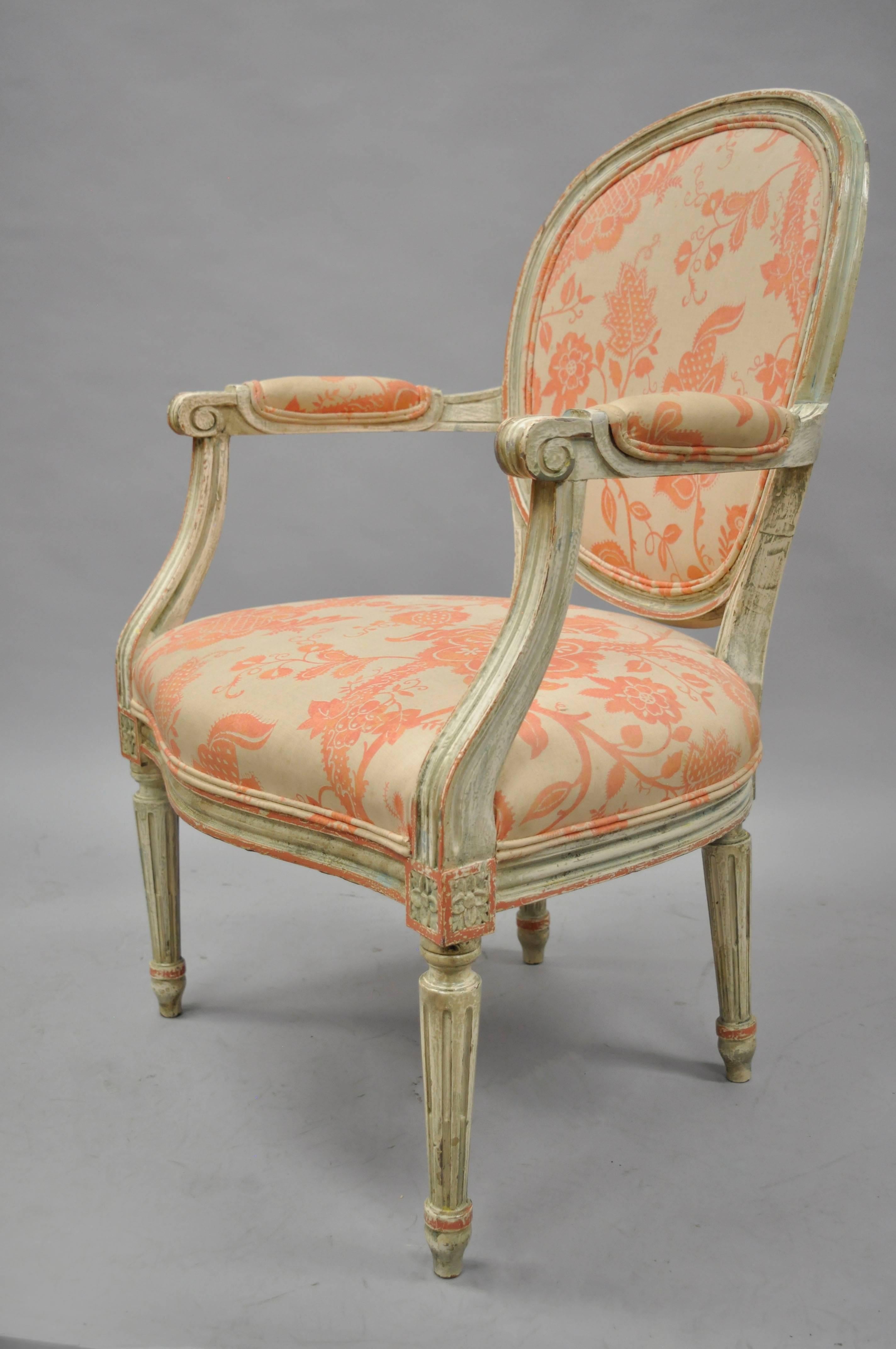 Pair French Louis XVI Cream Peach Green Distress Painted Fauteuil Arm Chairs 4