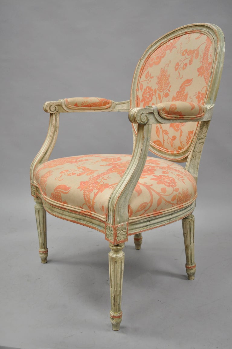 Pair French Louis XVI Cream Peach Green Distress Painted Fauteuil Arm