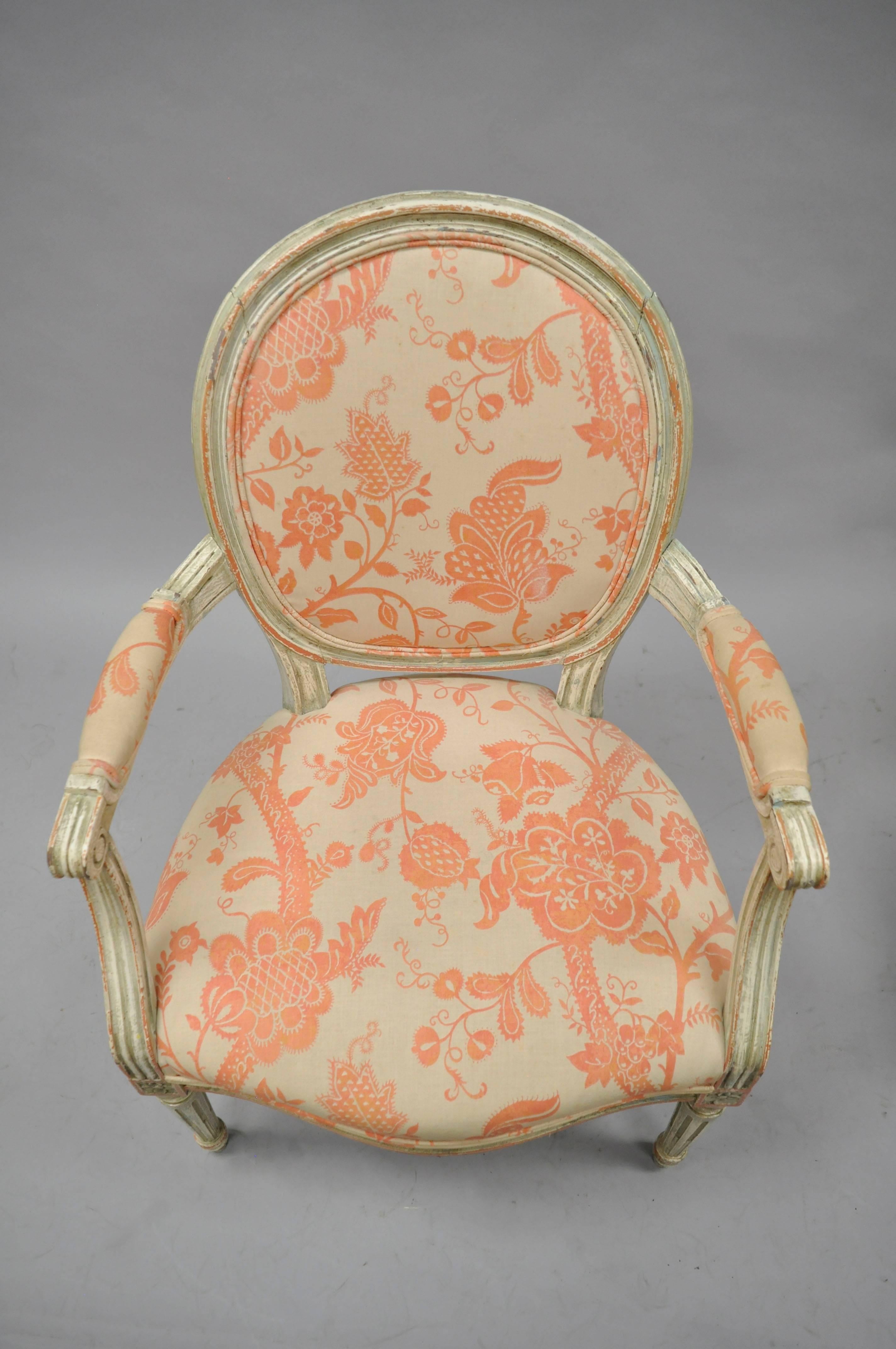 Wood Pair French Louis XVI Cream Peach Green Distress Painted Fauteuil Arm Chairs