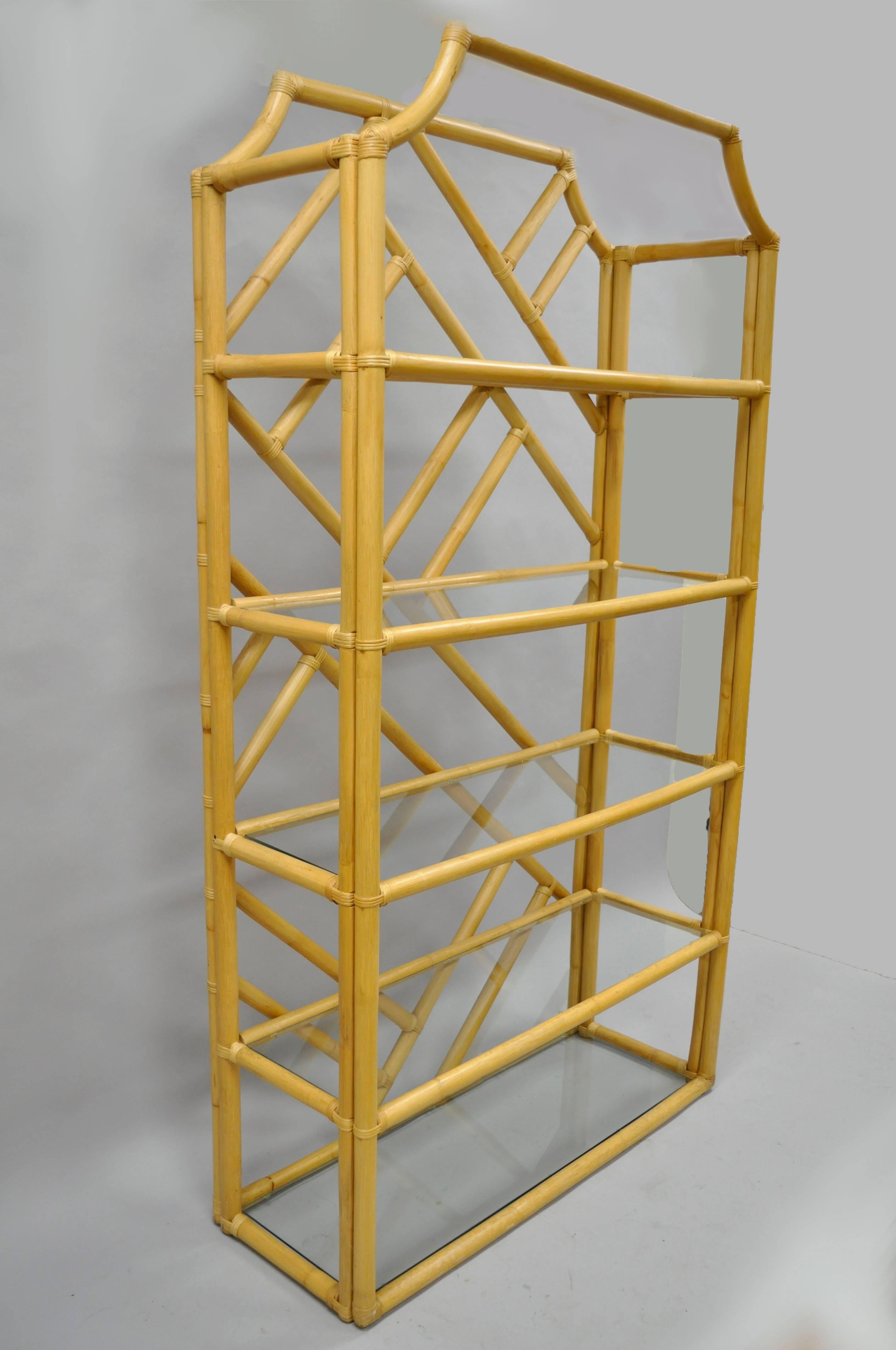 Late 20th Century Pair of Tiki Hollywood Regency Bamboo Rattan Etagere Faux Bamboo Bookcase Shelf