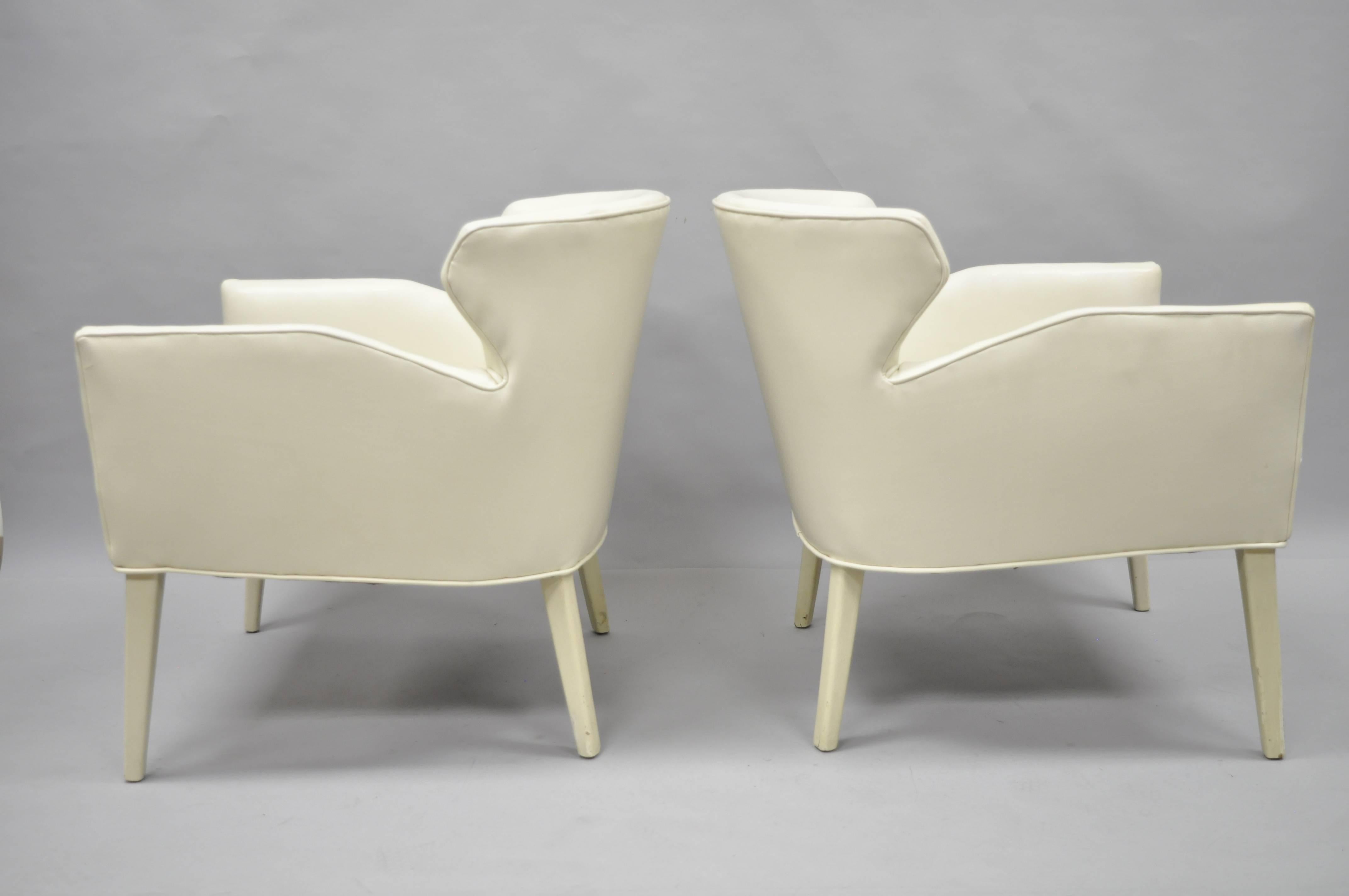 Mid-Century Modern Pair of Barrel Back Sculptural Off-White Vinyl Lounge Chairs After Paul McCobb