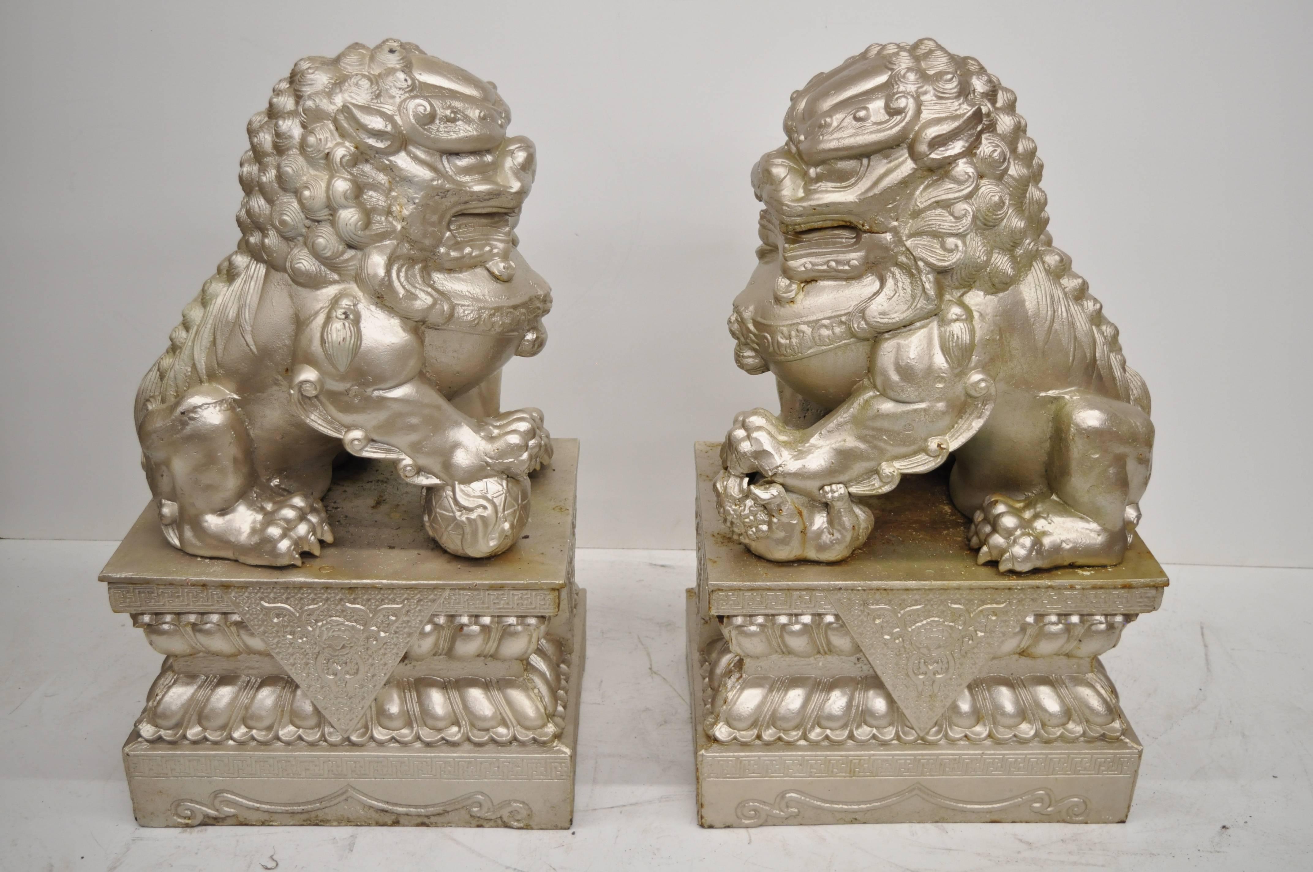 Large Pair of Cast Iron Foo Dog Guardian Lion Statue Entryway Garden Sculpture 2