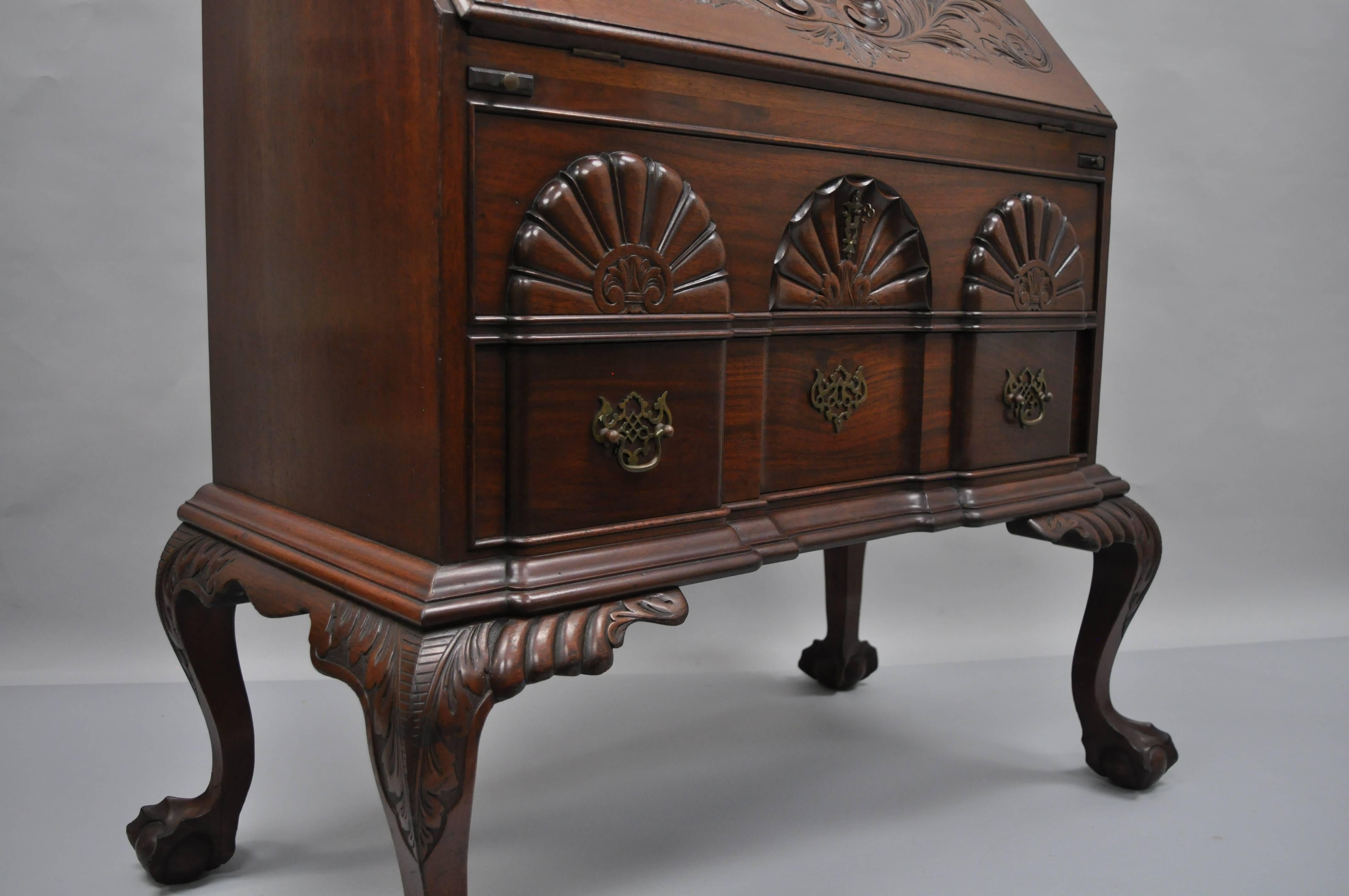 19th C Chippendale Style Mahogany Block Front Shell Carved Secretary Desk Lowboy For Sale 2