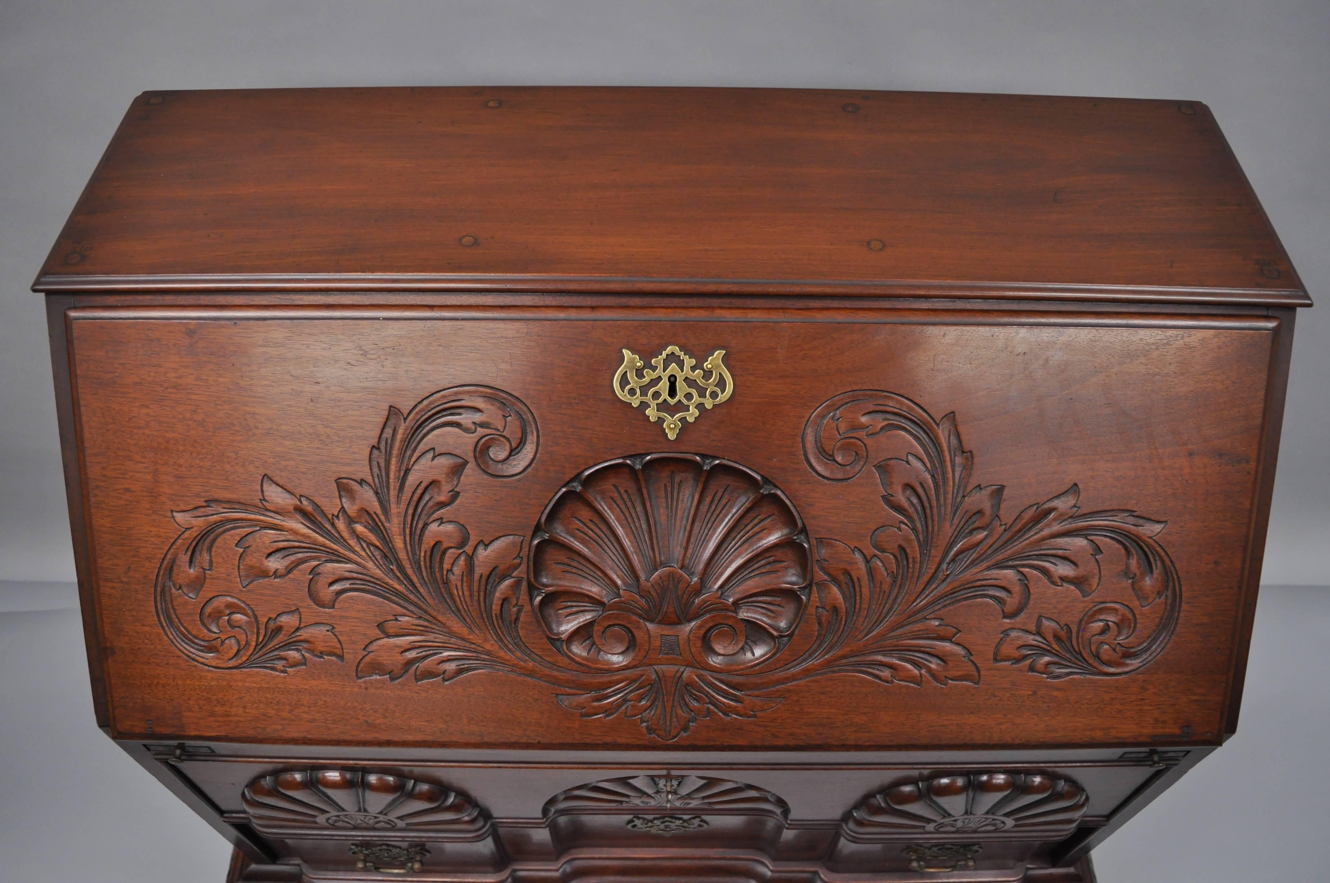 American 19th C Chippendale Style Mahogany Block Front Shell Carved Secretary Desk Lowboy For Sale