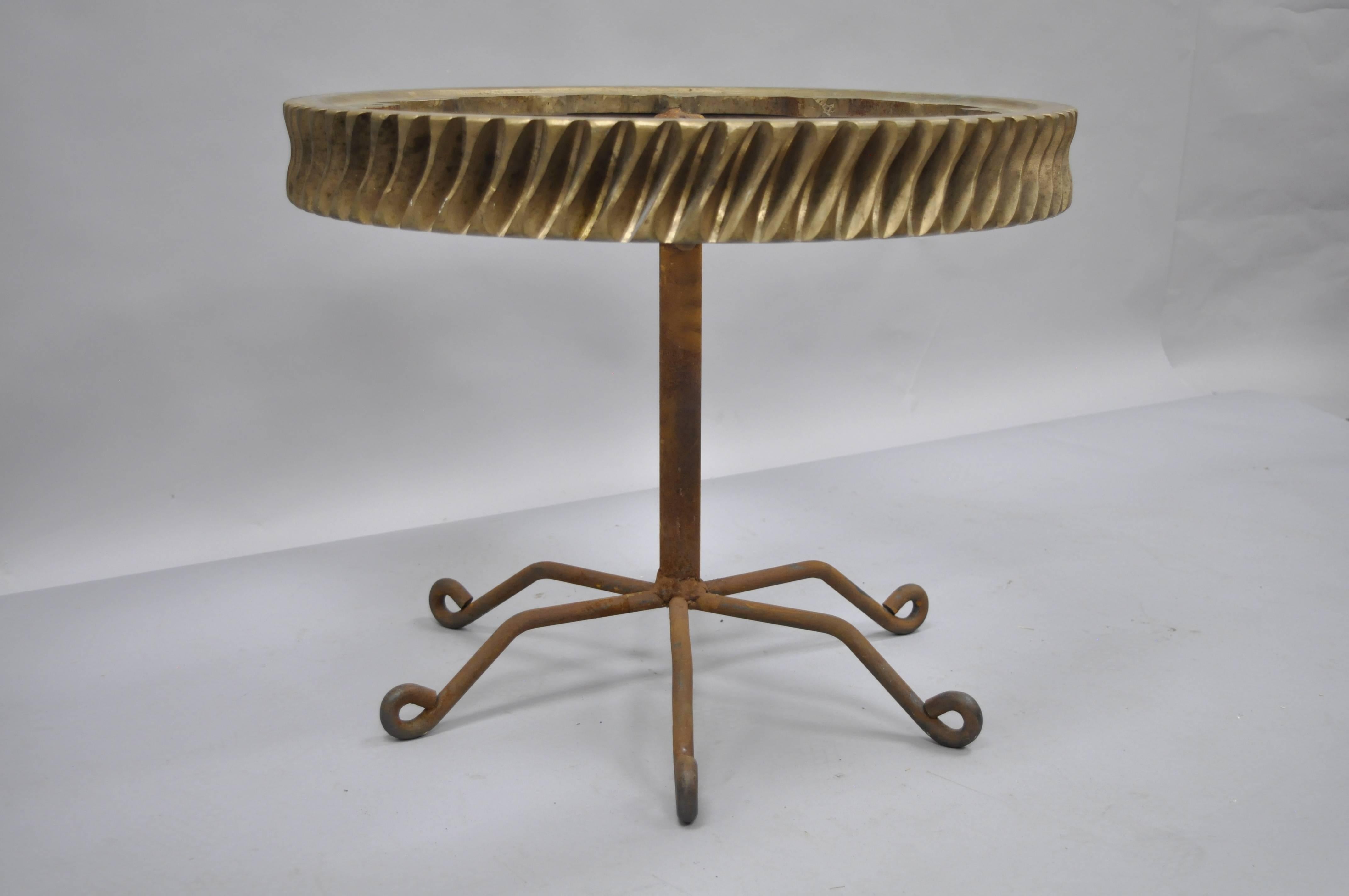 Brass Brutalist Bronze Elevator Worm Gear Coffee Side Table on Iron Spider Leg Base