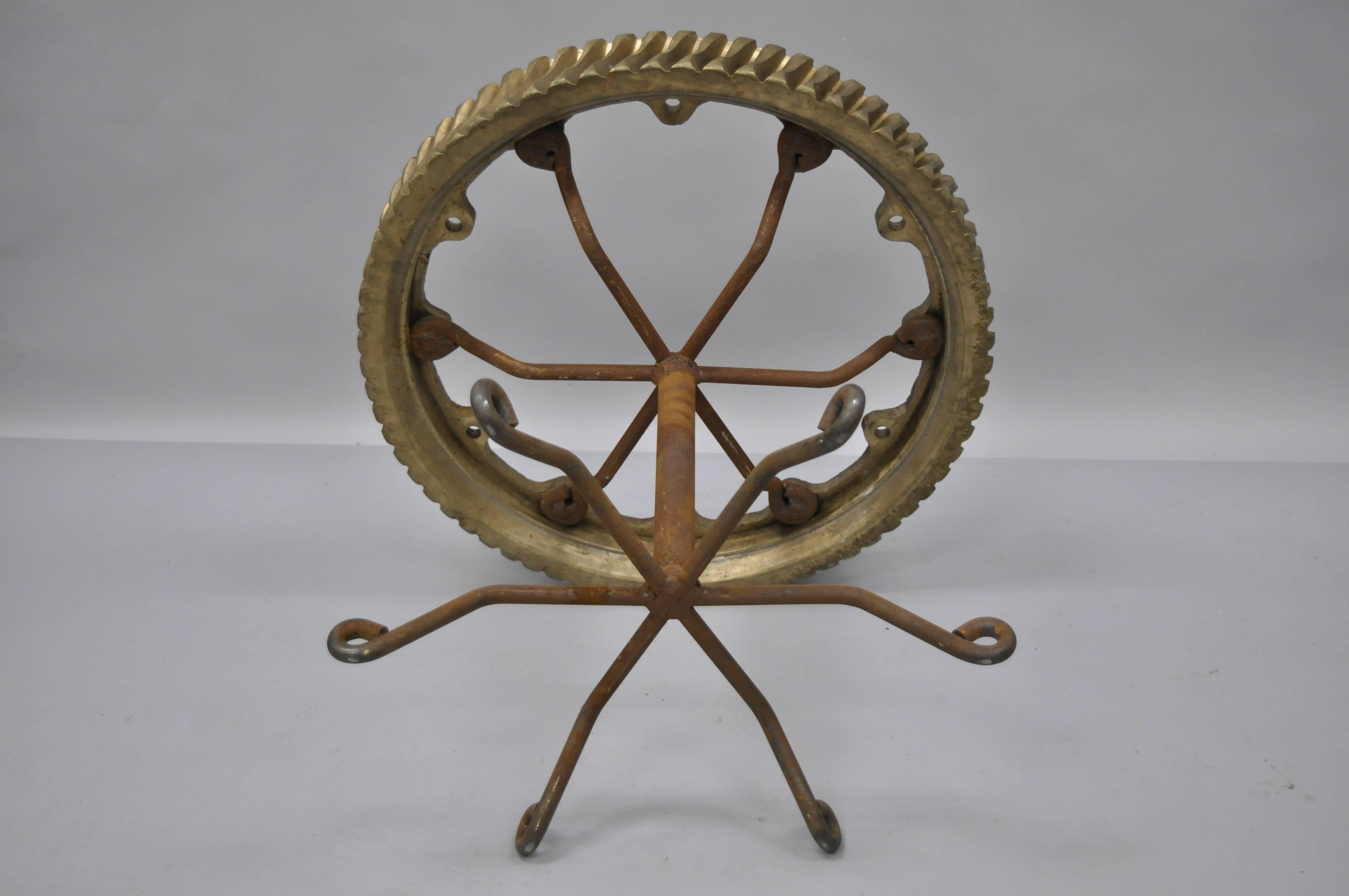 Brutalist Bronze Elevator Worm Gear Coffee Side Table on Iron Spider Leg Base In Good Condition In Philadelphia, PA
