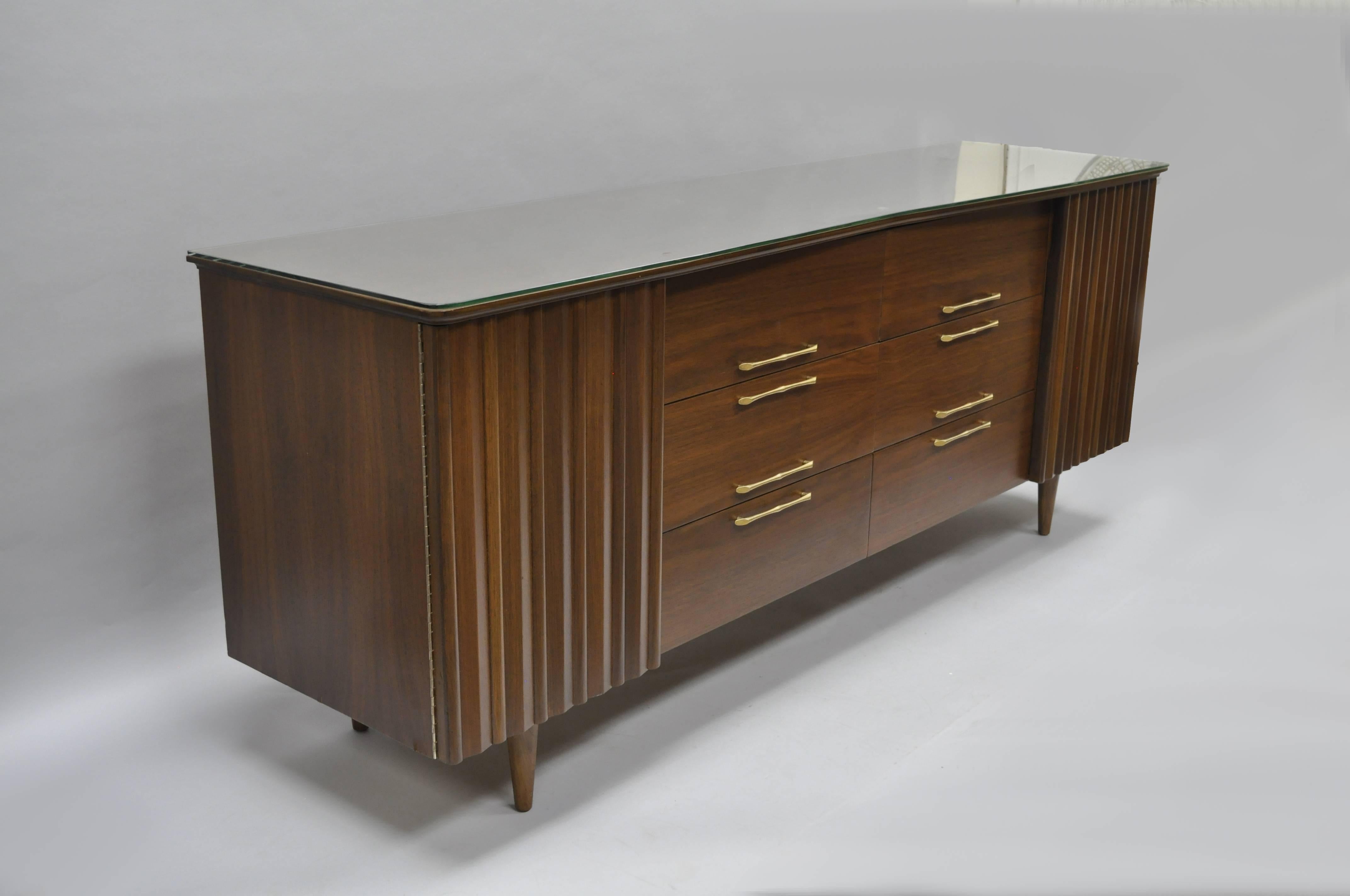 Brass Mid-Century Modern Danish Walnut Angled Top Long Dresser Credenza 12 Drawer