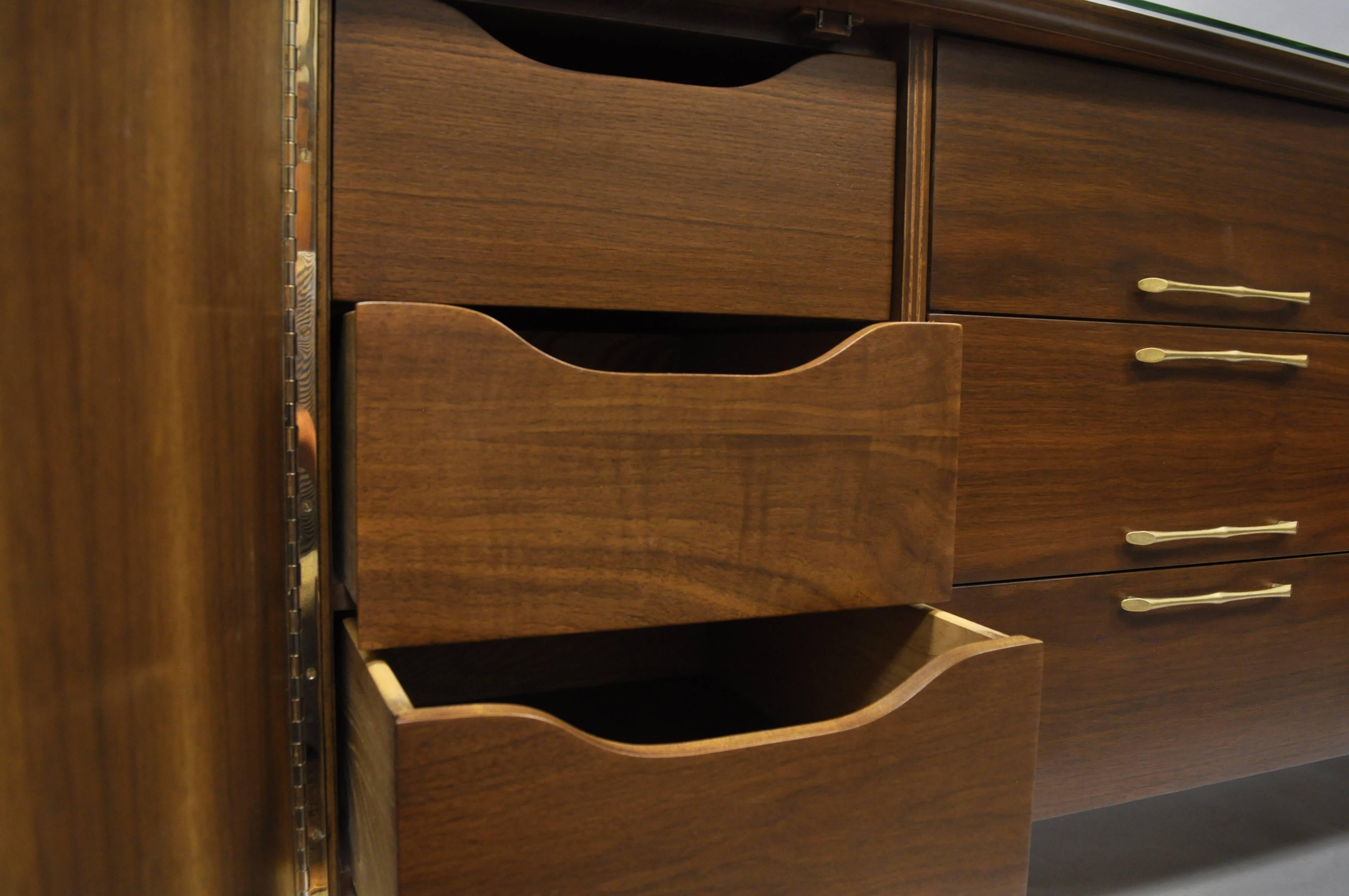 American Mid-Century Modern Danish Walnut Angled Top Long Dresser Credenza 12 Drawer
